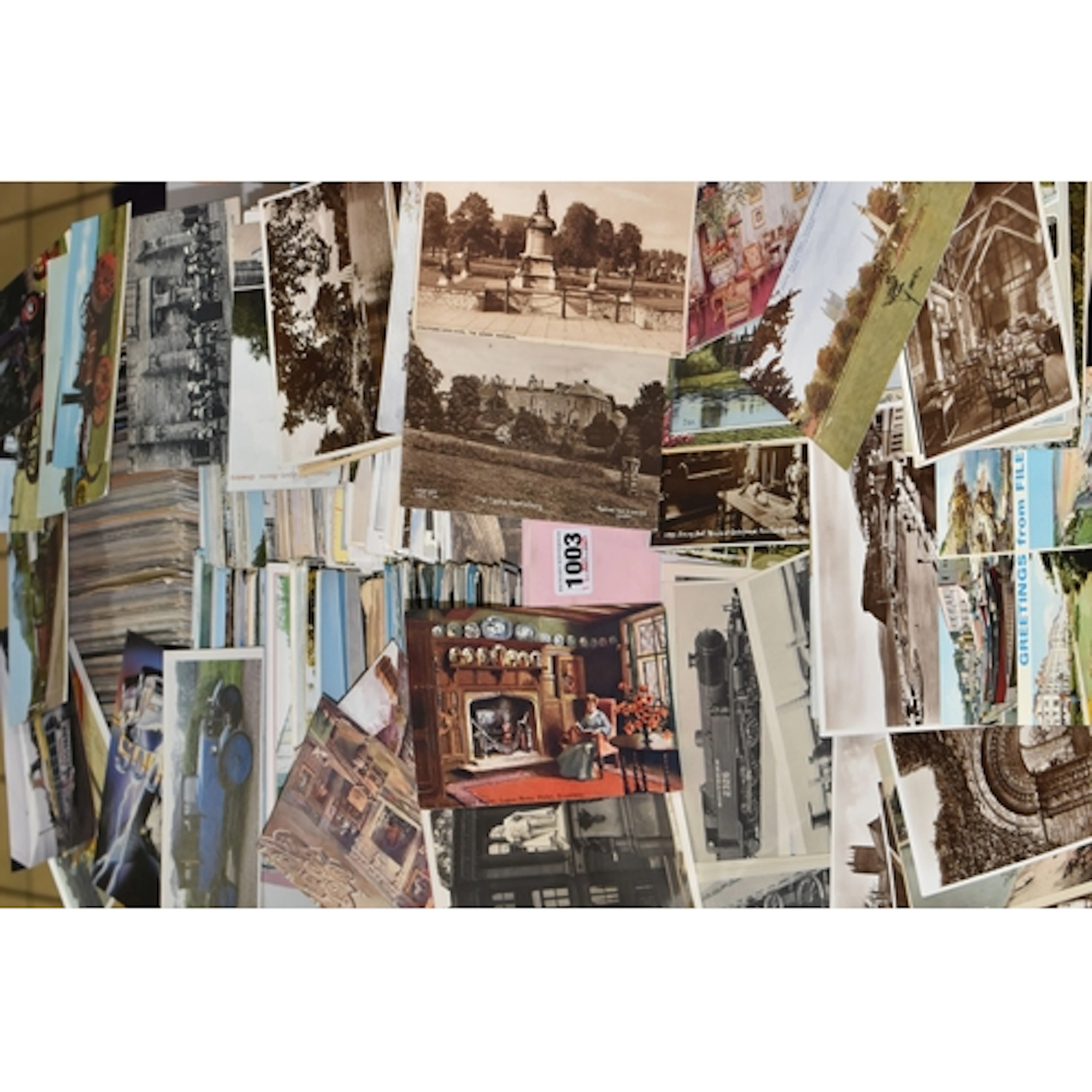 TWO BOXES OF POSTCARDS with subject matters including steam ...