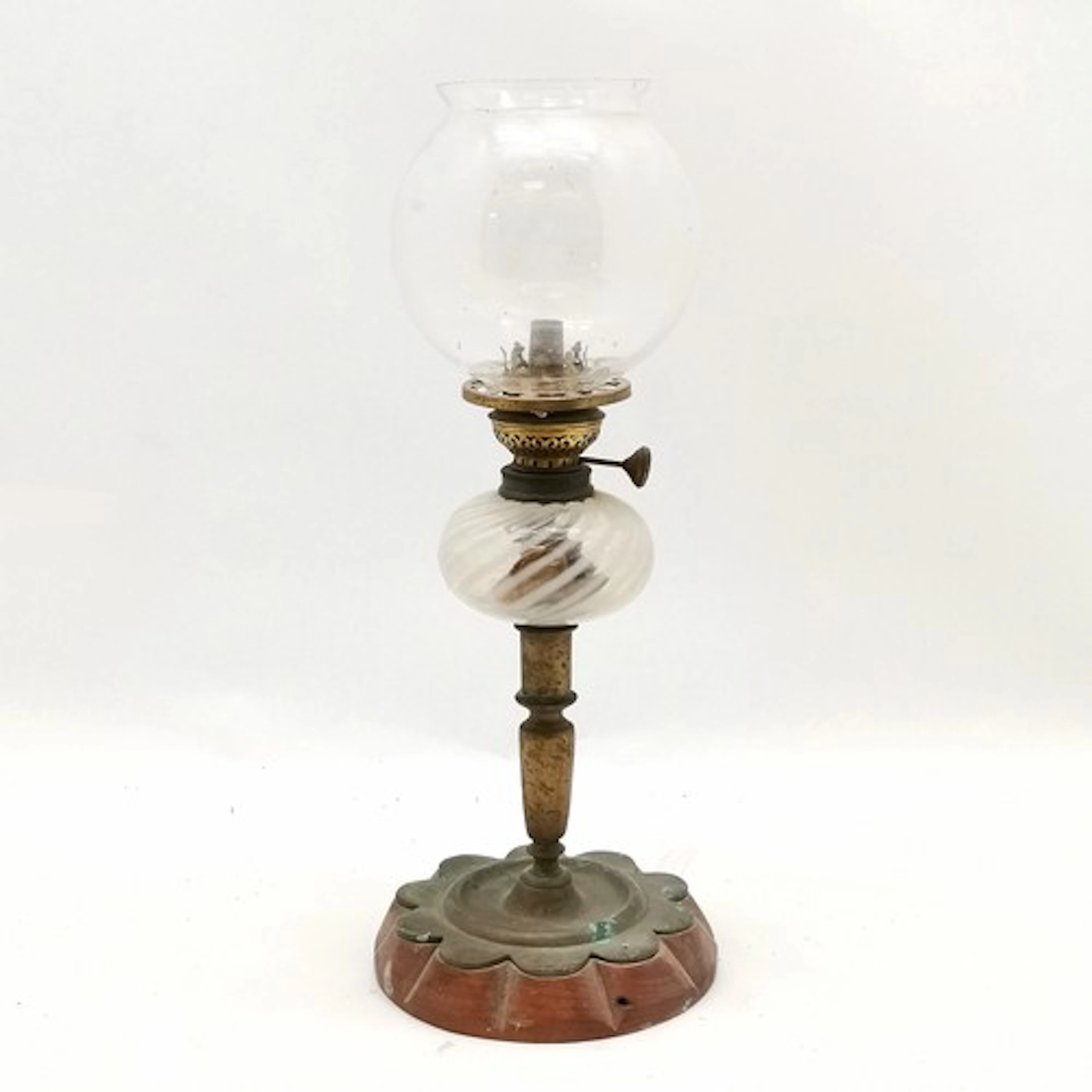 Antique small oil lamp with wooden lobed base 39cm high