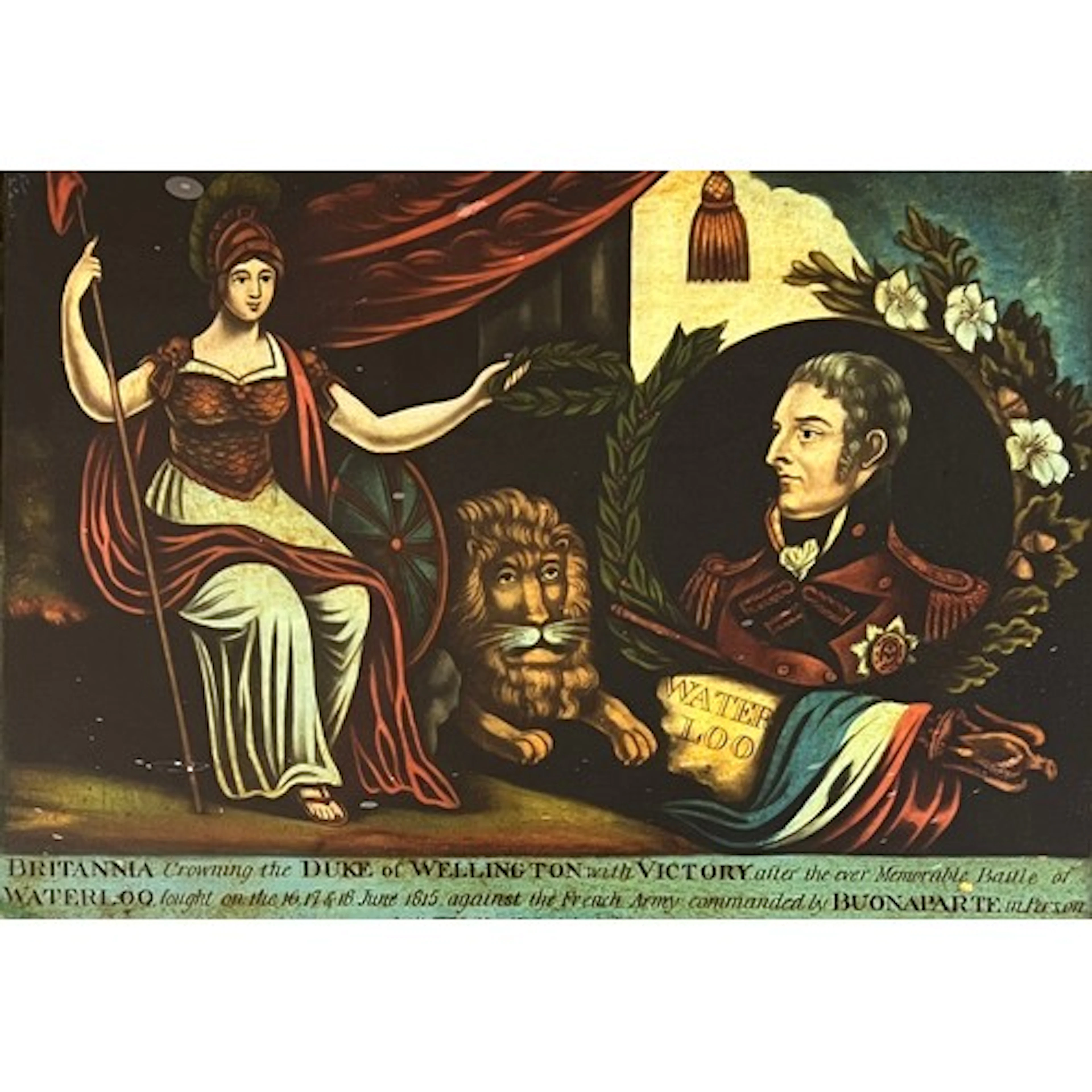 An early 19th century reverse print on glass 'Britannia Crow...