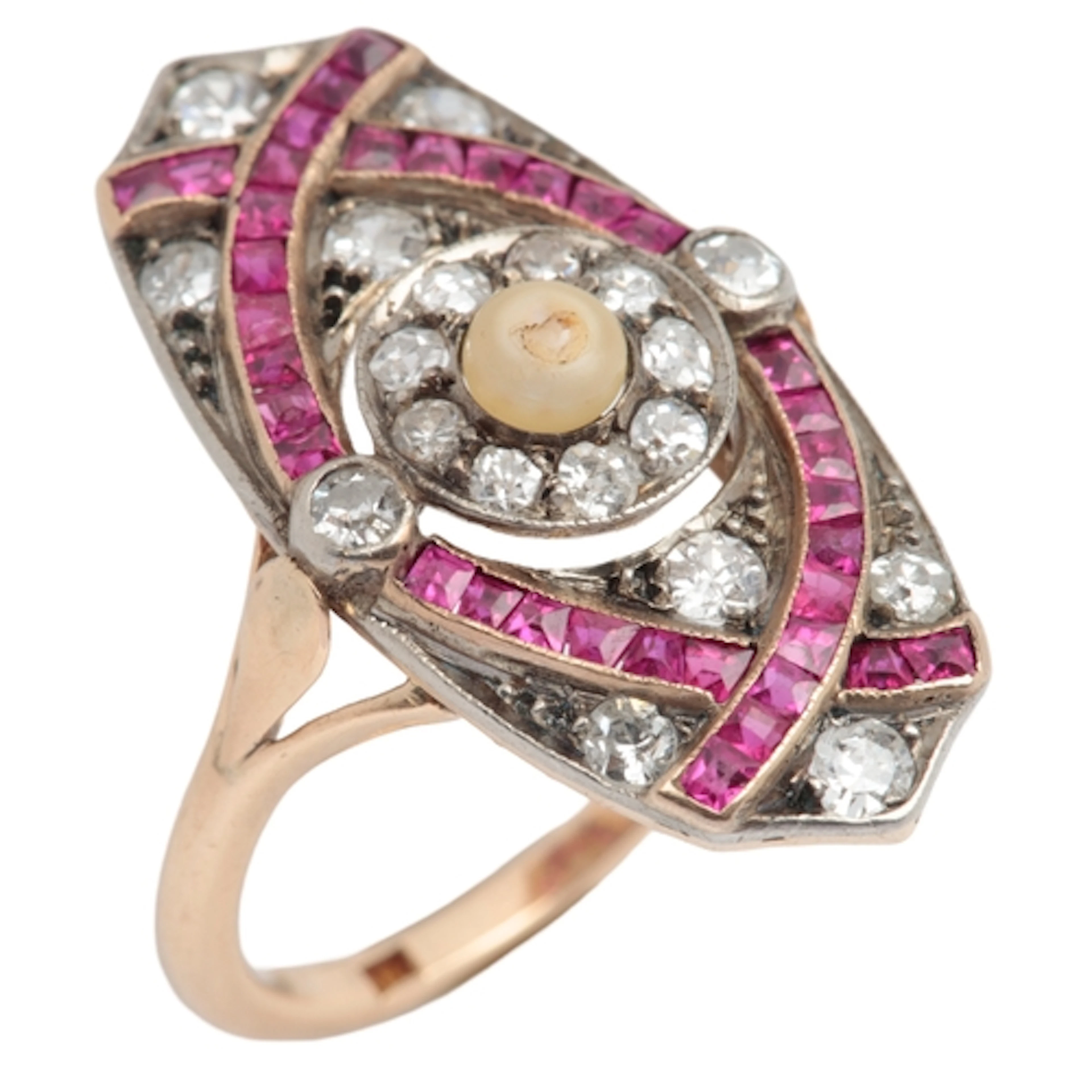 A synthetic ruby, pearl and diamond ring, designed as a pane...