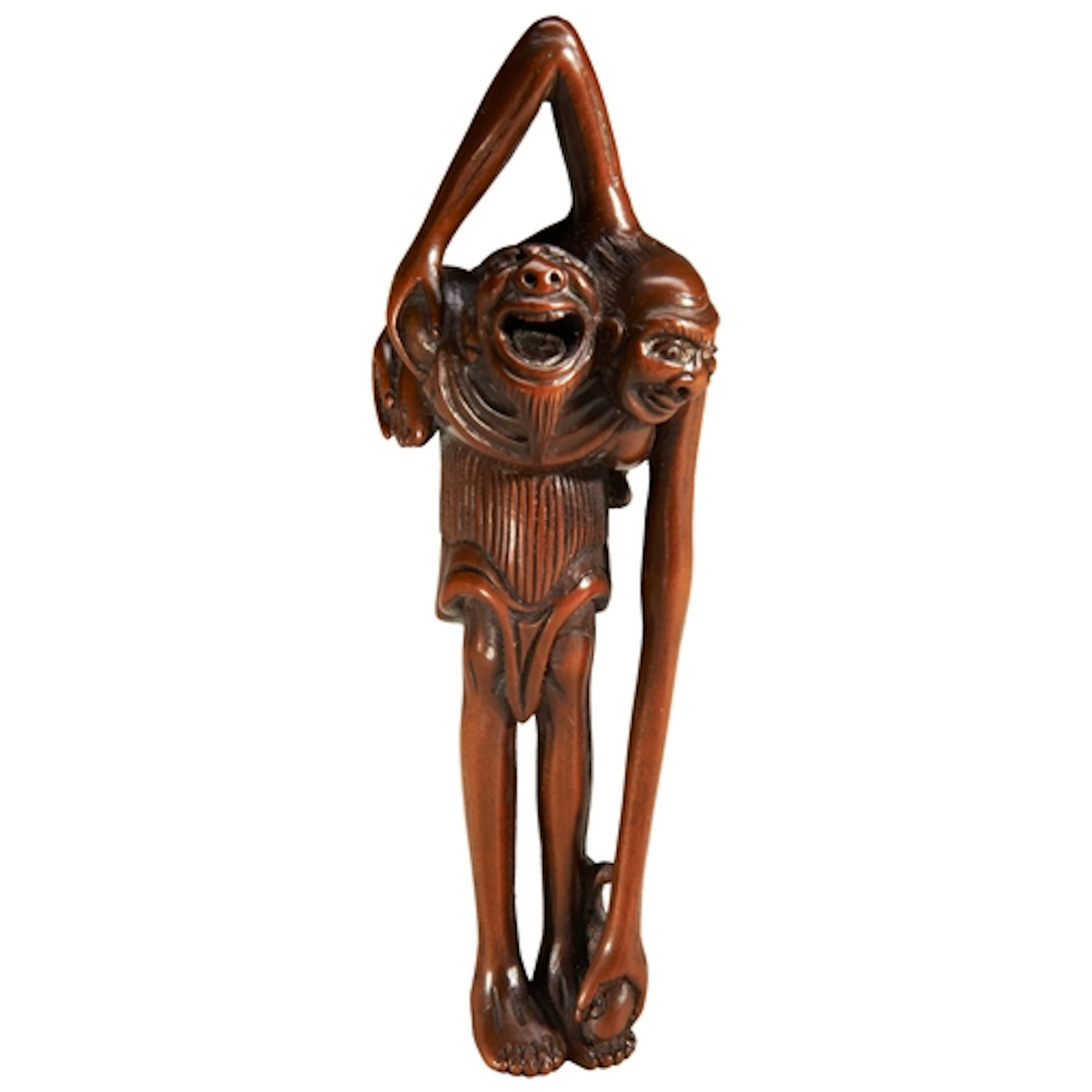 A GOOD JAPANESE CARVED WOOD NETSUKE OF ASHINAGA AND TENAGA B...