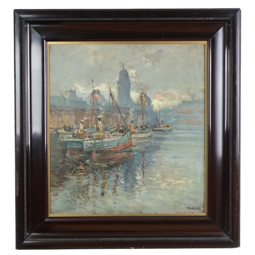 ROBERT D PASQUOLL (SCOTTISH 1881-1927) DOCK SCENE Oil on b...