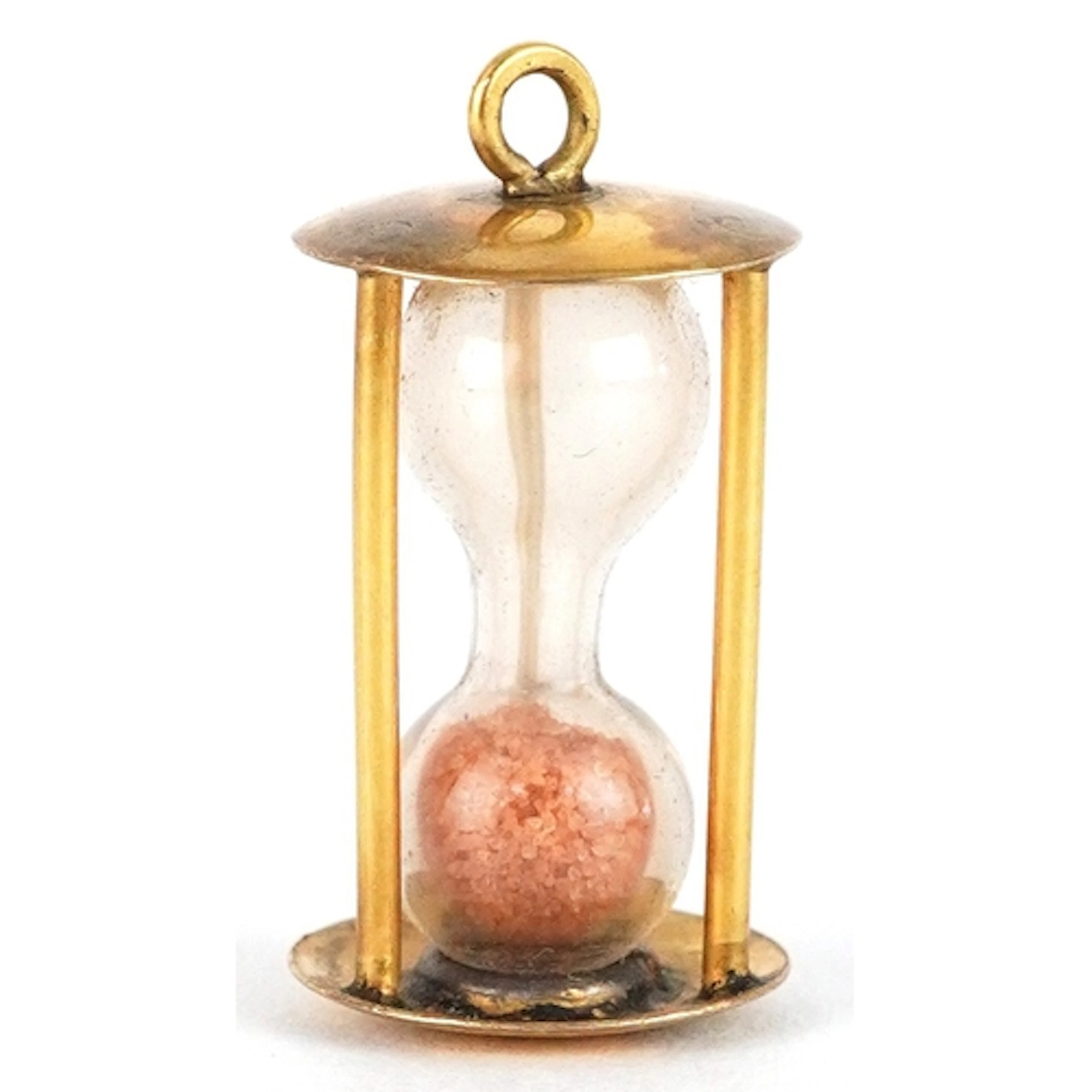 9ct gold charm in the form of an hour glass, 2cm high, 1.8g.