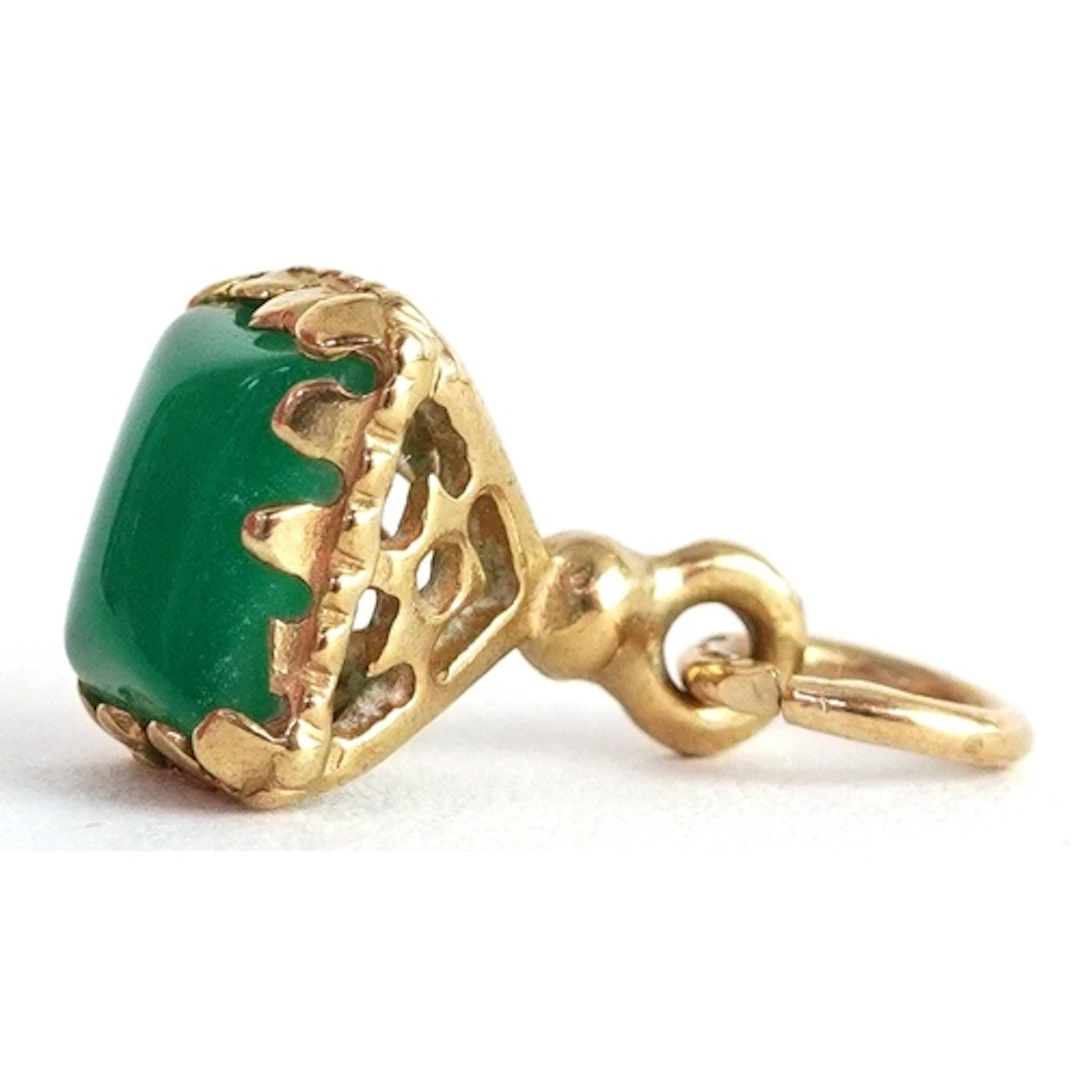 9ct gold green stone fob charm, 1.6cm high, 1.2g.