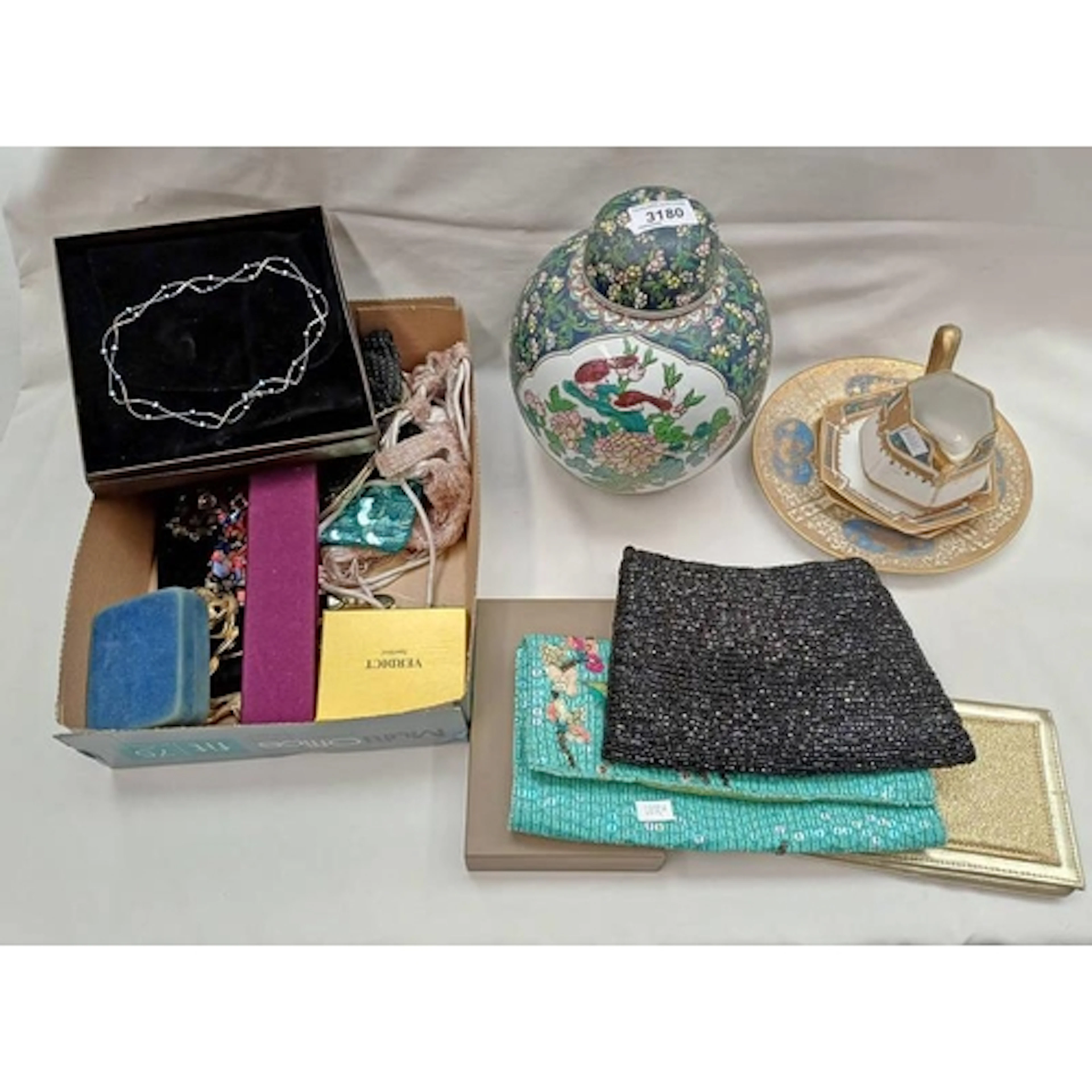BOX OF COSTUME JEWELLERY & PURSES, ORIENTAL GINGER JAR WITH ...