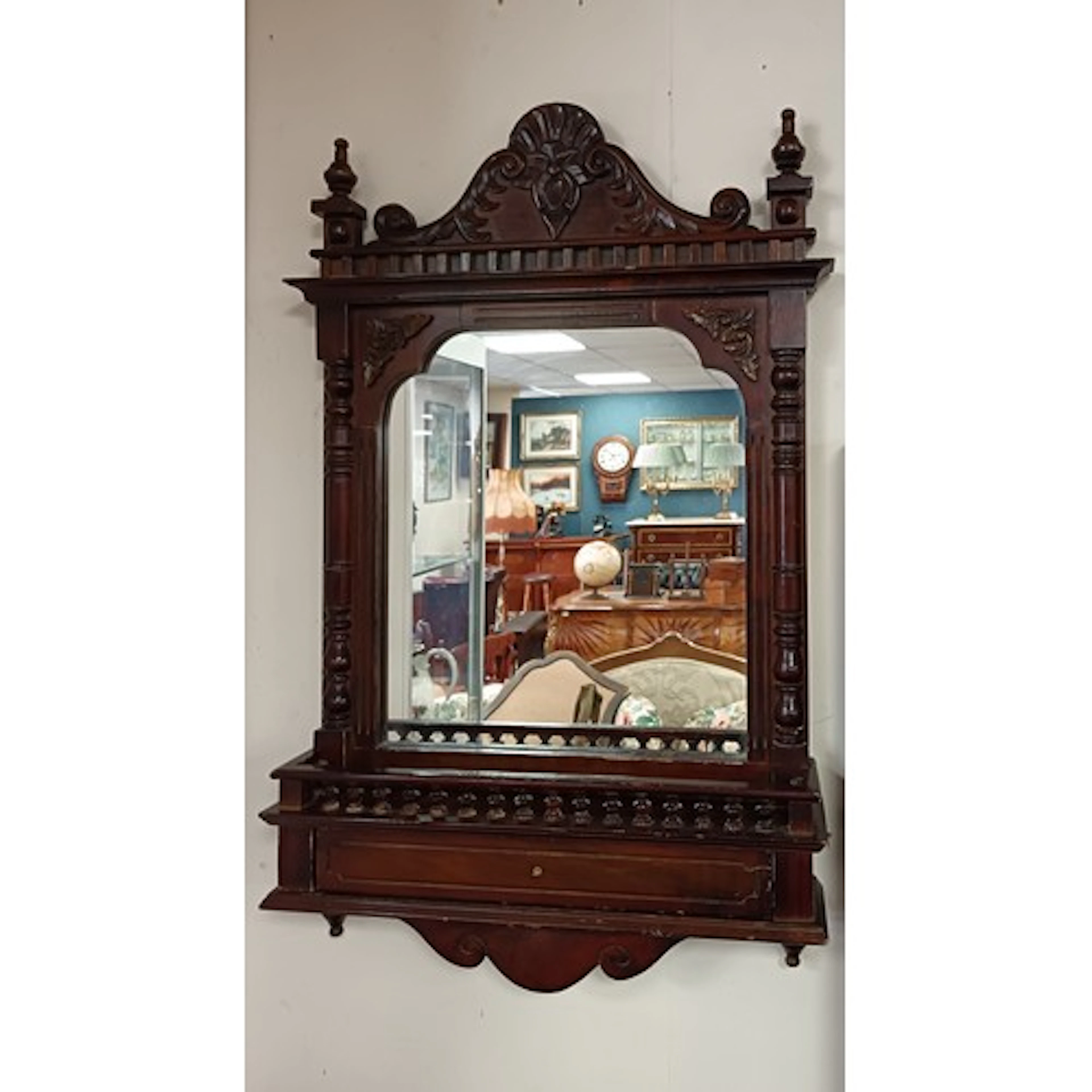 Antique Wall Mirror with Shelf and Drawer, H: 79cm x WL 53cm