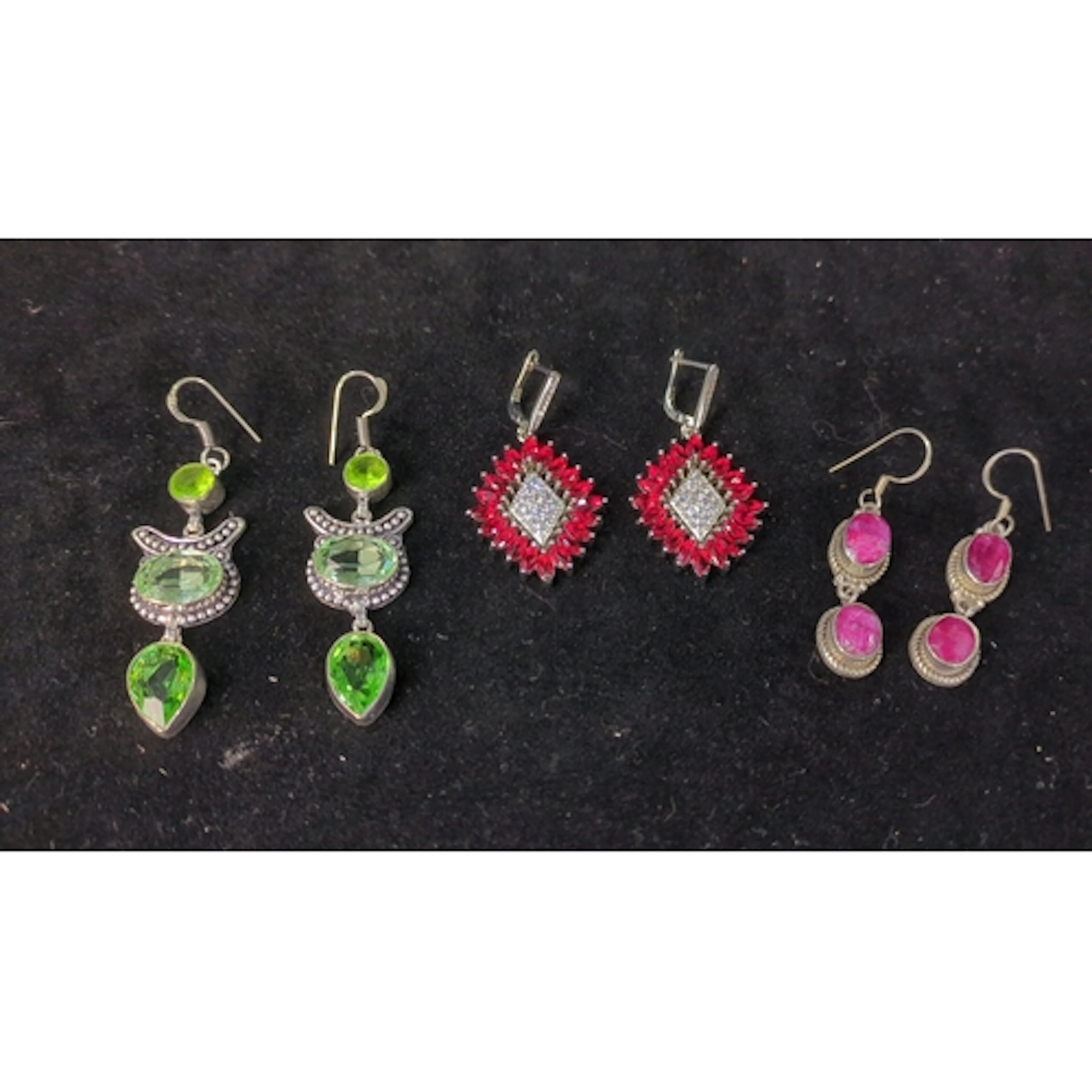 Three pairs of 925 silver drop earrings: one with faceted gr...