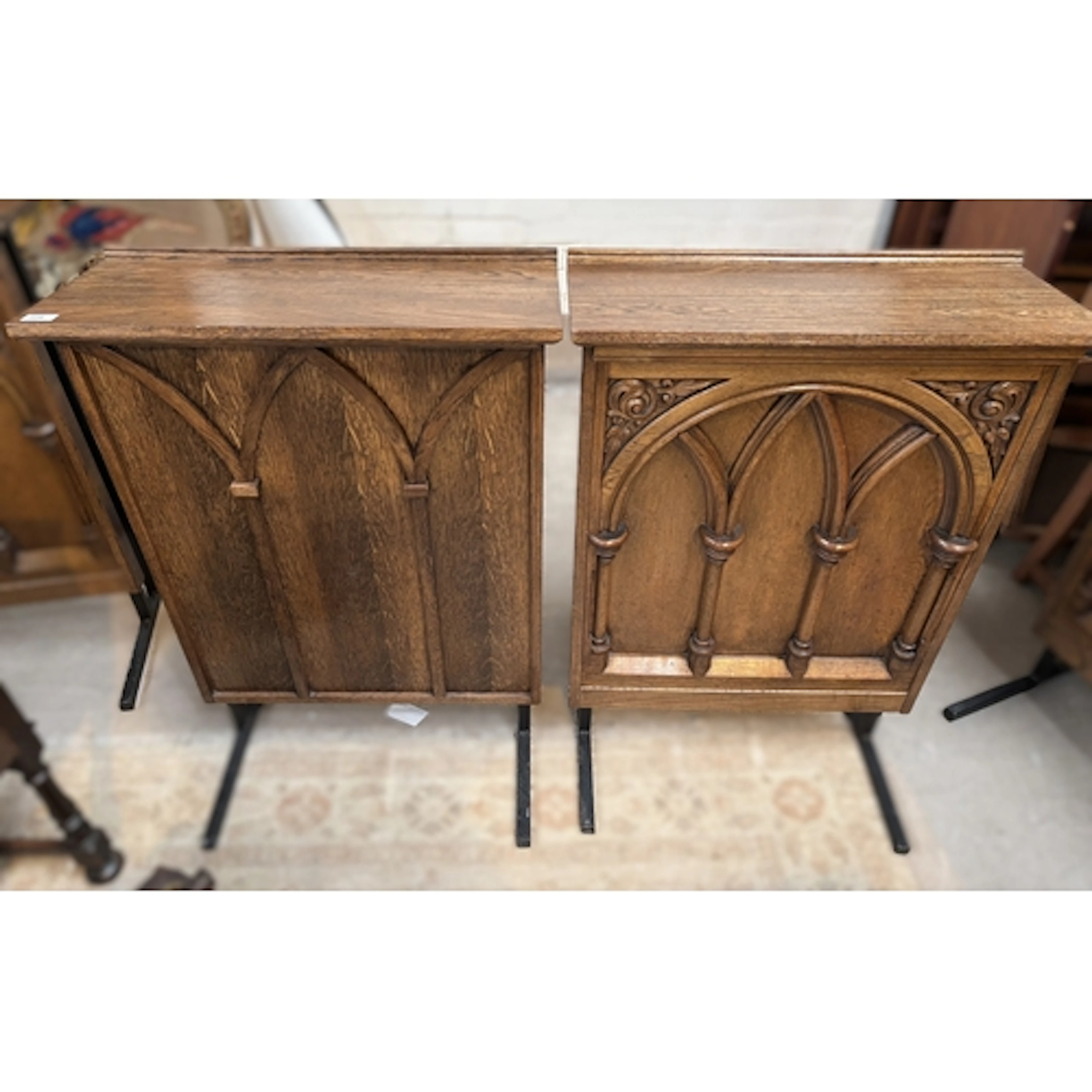 Two similar Gothic revival oak lecture stands, width 69cm x ...
