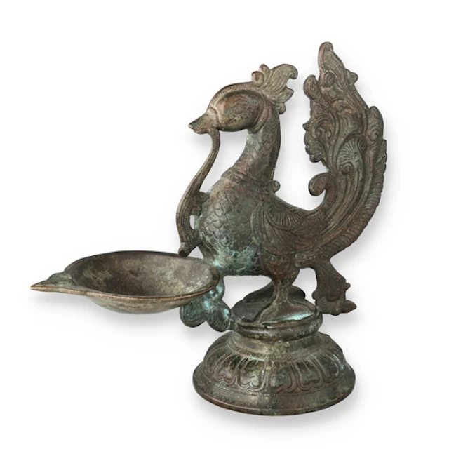 A 19TH C SOUTH INDIAN HAMSA BRONZE OIL LAMP 18cm H x 20cm W...
