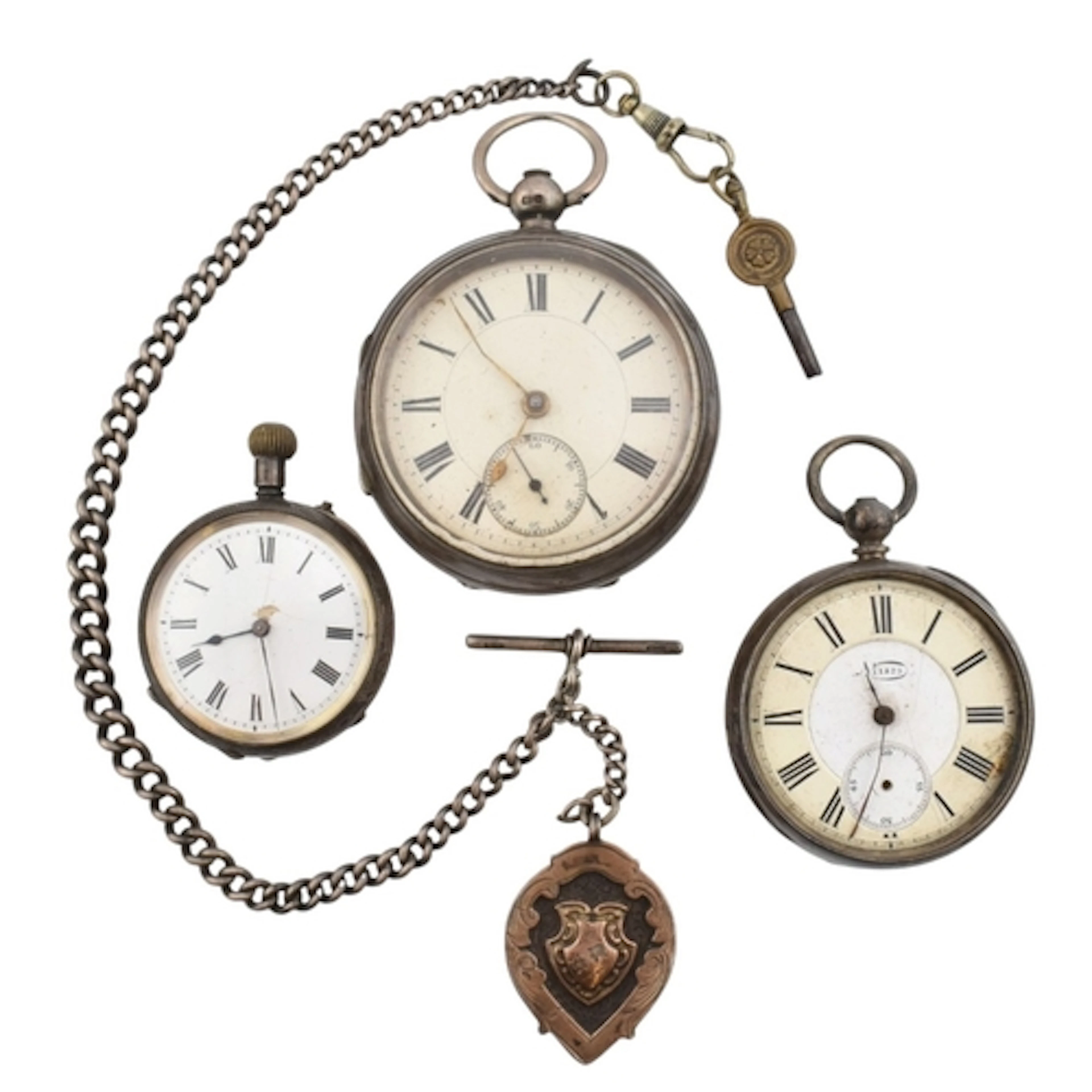 Two silver pocket watches and a metal pocket watch together ...