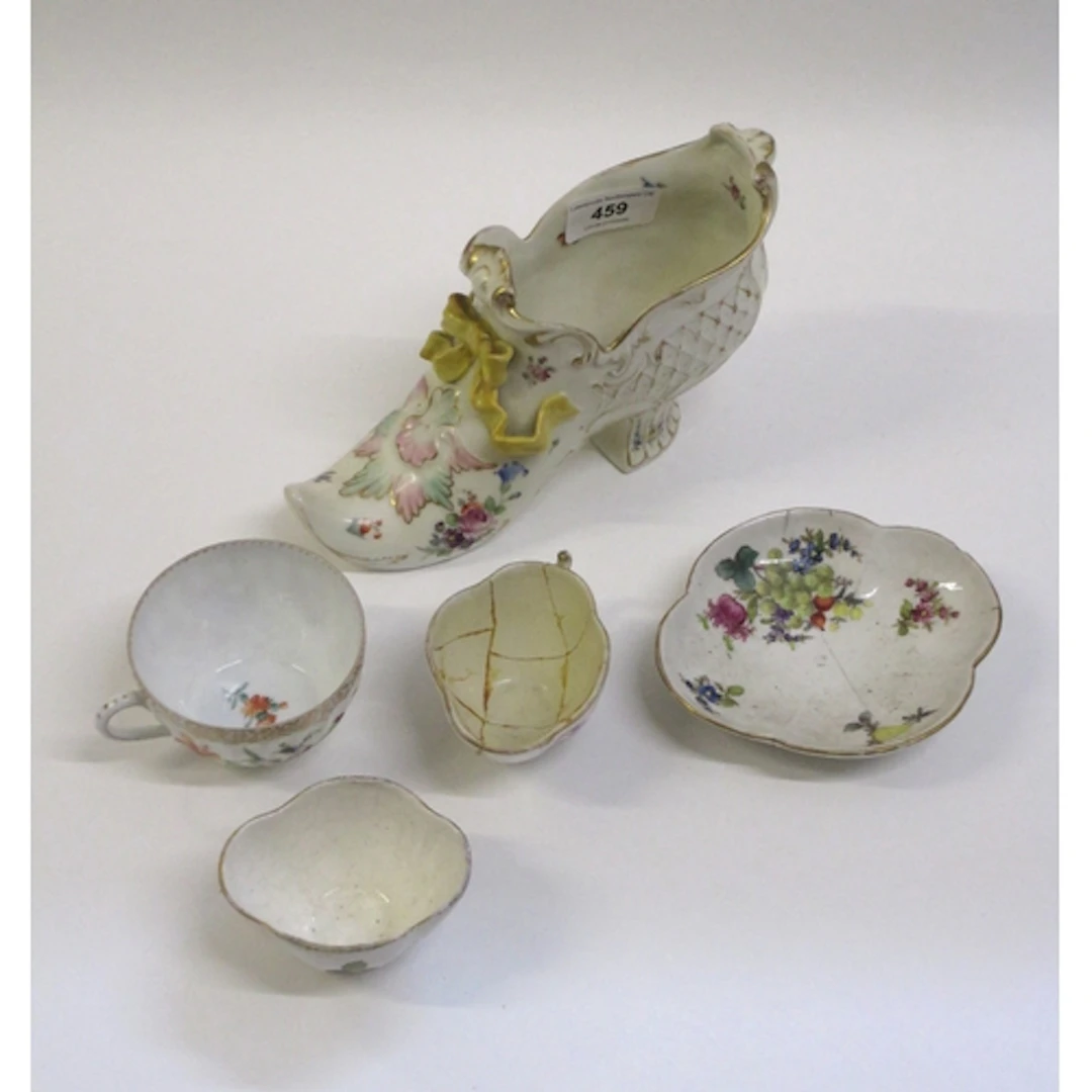Late Dresden porcelain shoe, together with three cups and si...