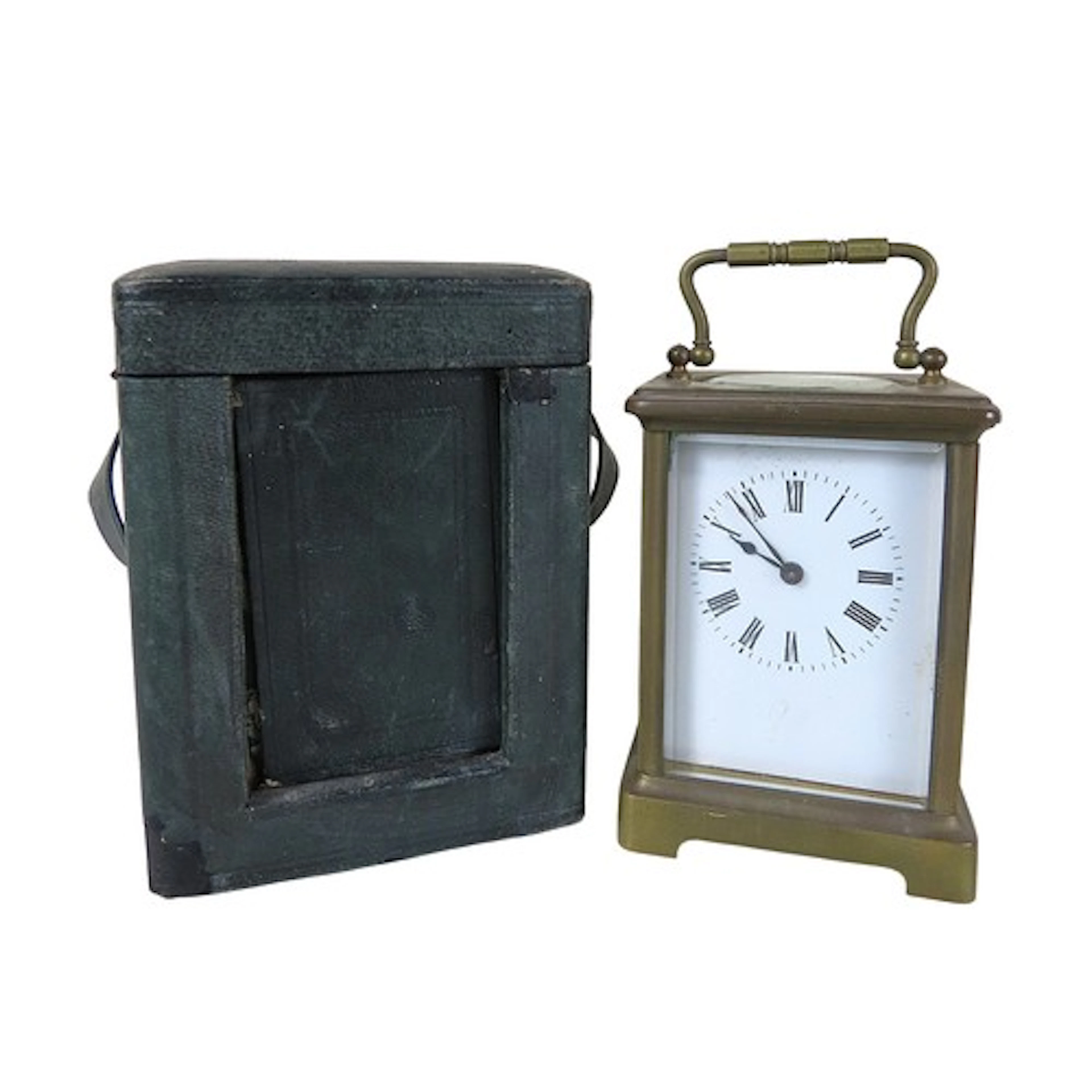 A FRENCH BRASS CARRIAGE CLOCK LATE 19TH CENTURY white enamel...