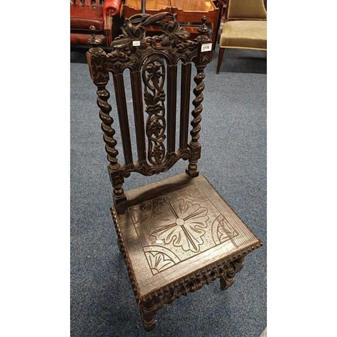 LATE 19TH CENTURY EBONISED HALL CHAIR WITH CARVED & BARLEY T...