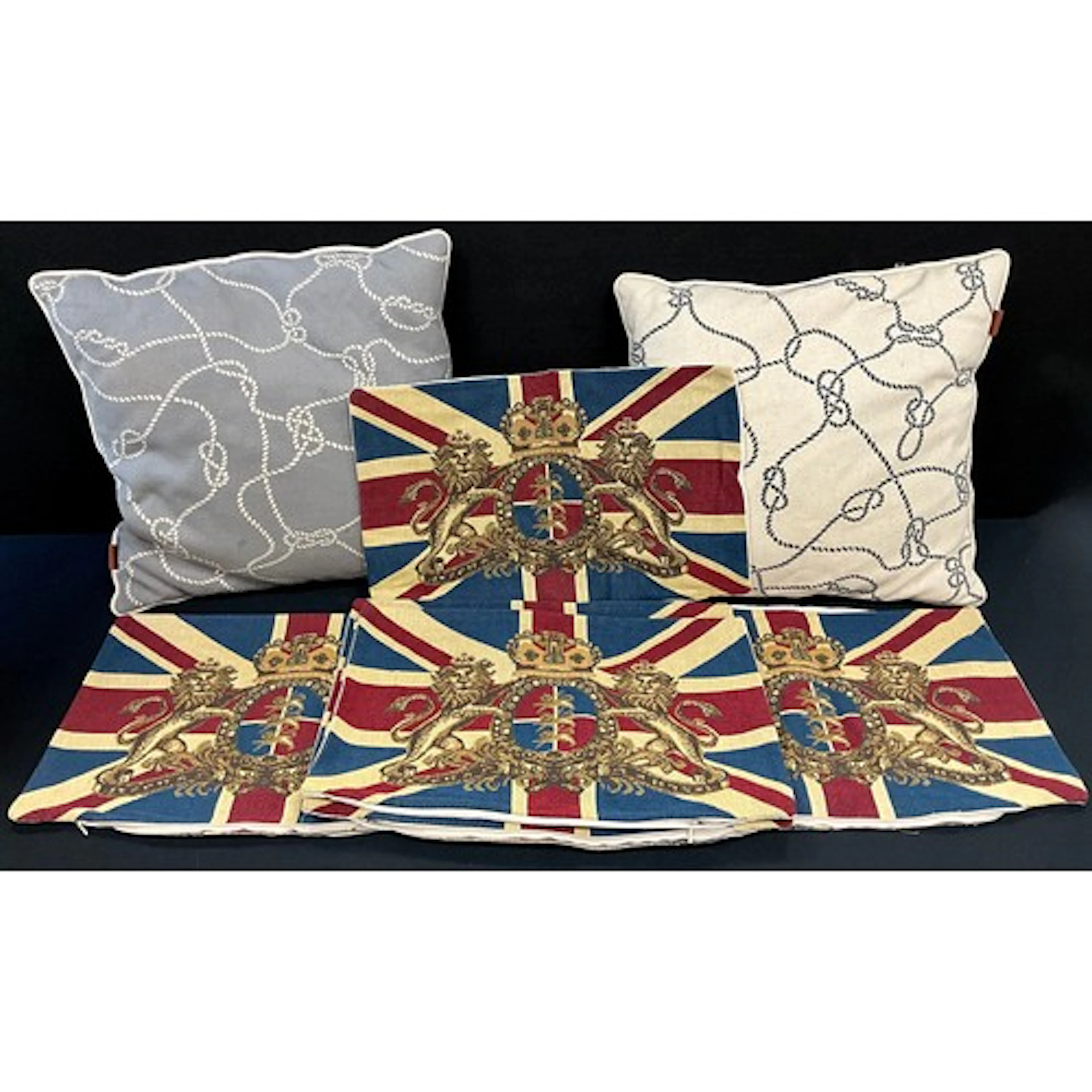 A set of six tapestry woven cushion covers decorated with th...
