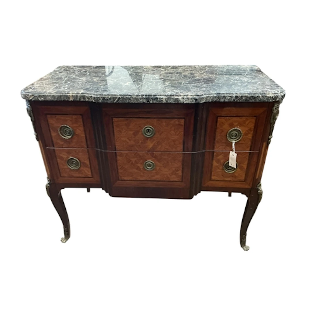 A French transitional style marble top 2 drawer commode, wid...