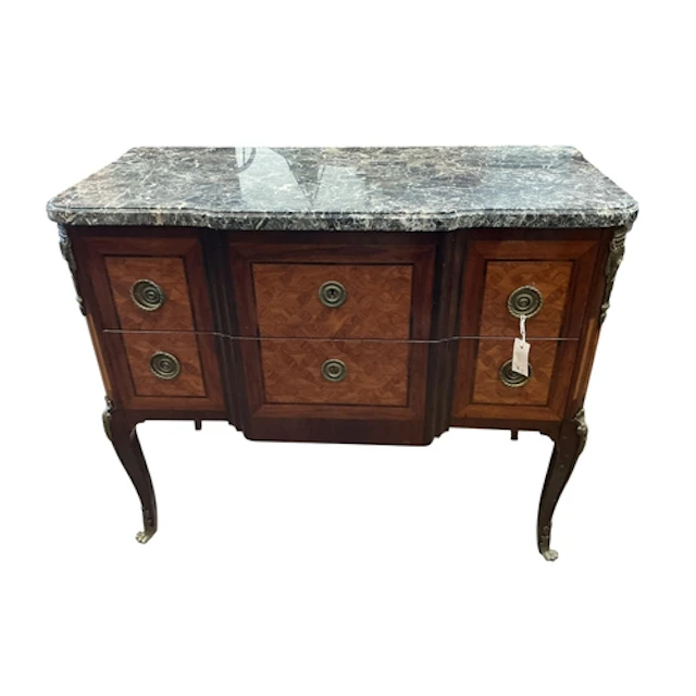 A French transitional style marble top 2 drawer commode, wid...
