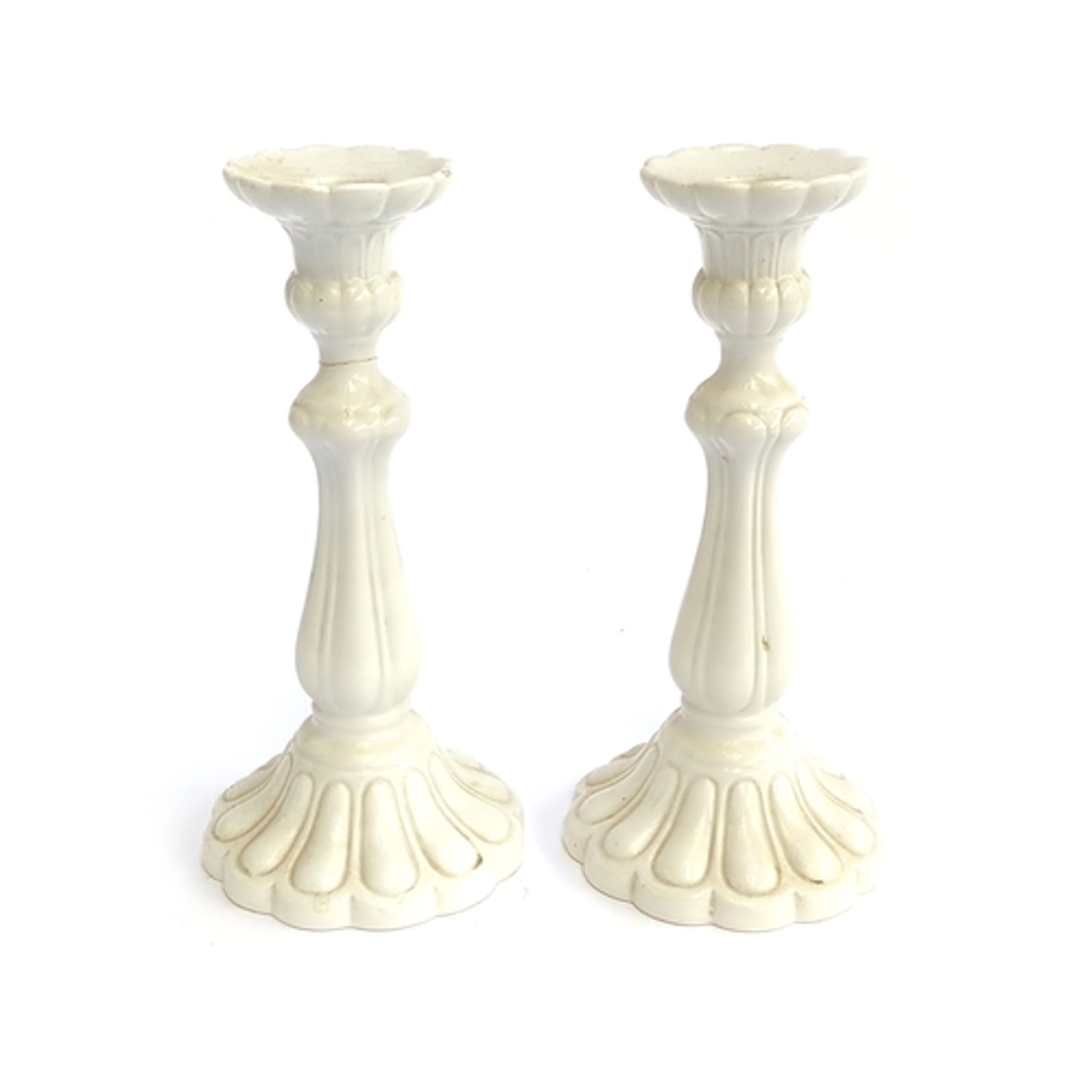 A pair of Casa Pupo white candlesticks, (one repaired) 28cmH