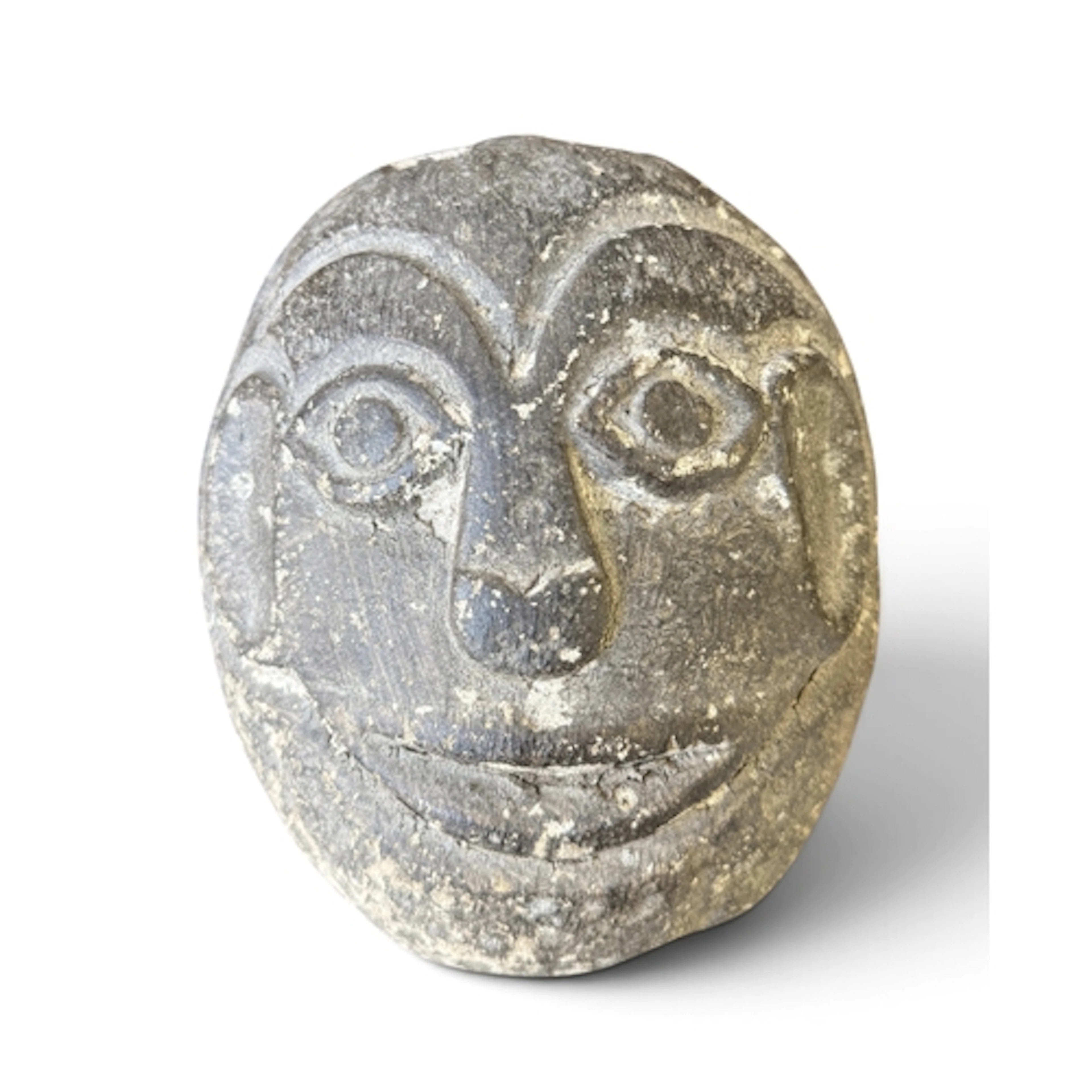 A CARVED STONE HEAD, PROBABLY MEDIEVAL 15cm x 12cm...