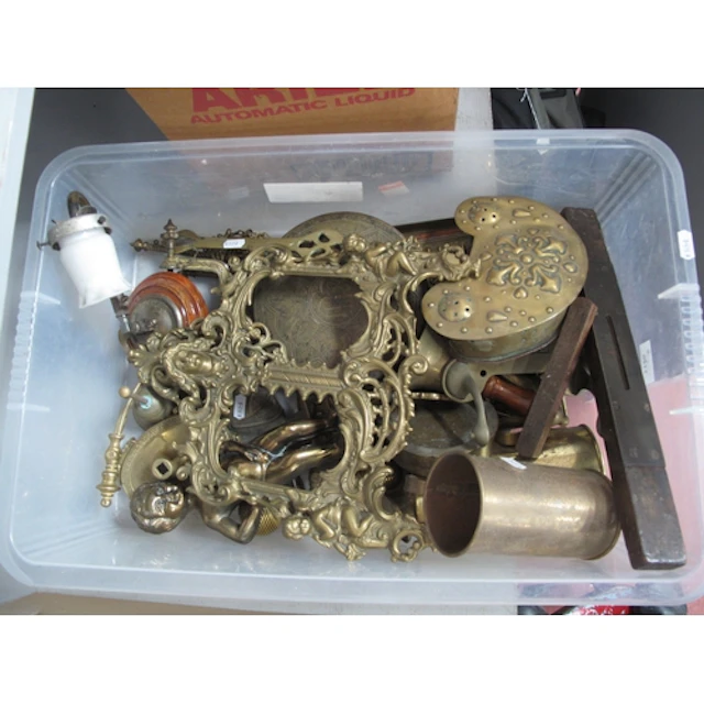 Brassware, including large Rococo Revival brass mirror frame...