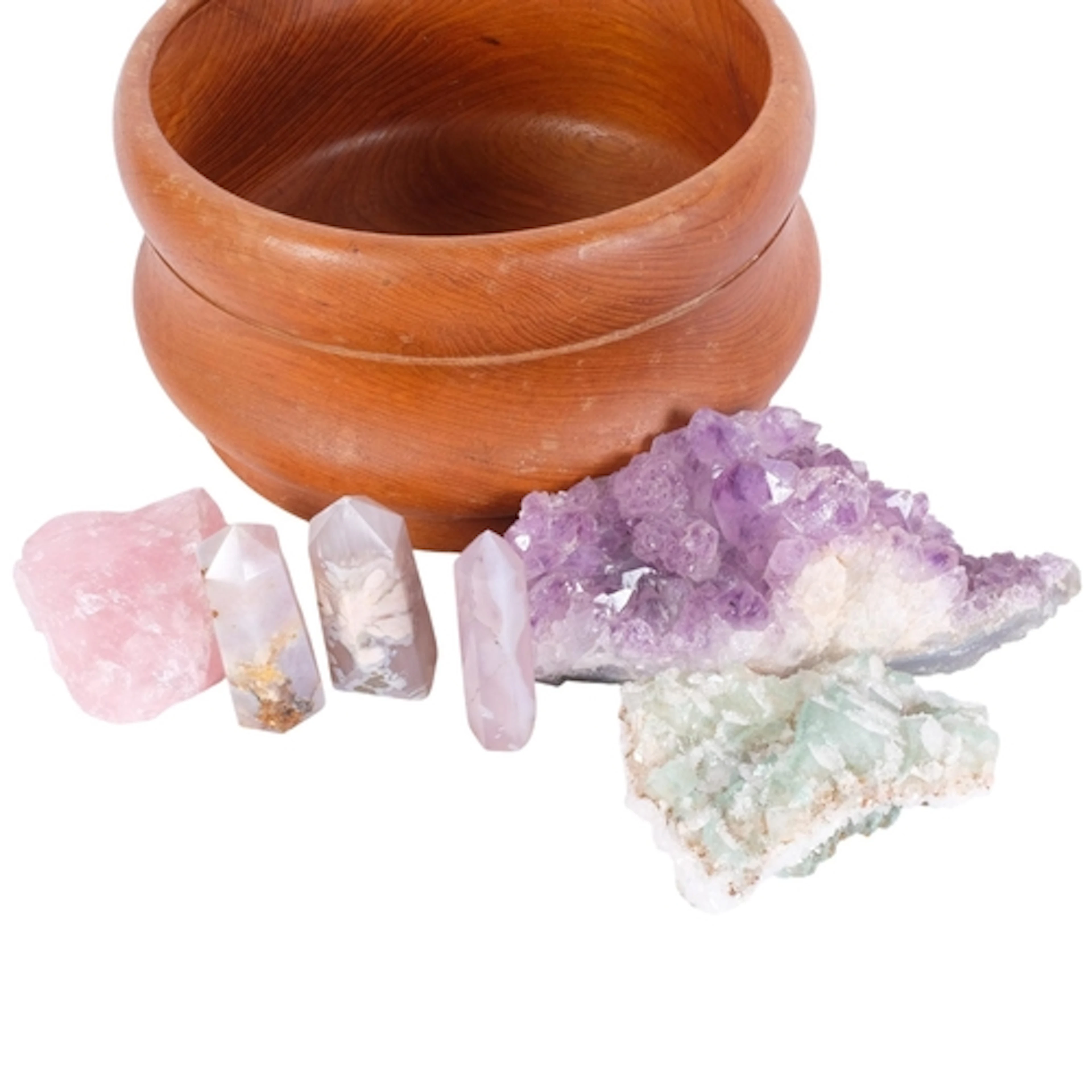 A collection of rock crystals, including amethyst, rose quar...