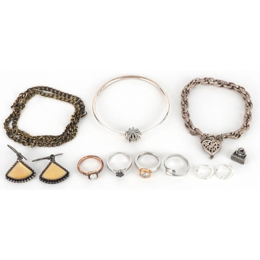 Silver and white metal jewellery including bracelet with lov...