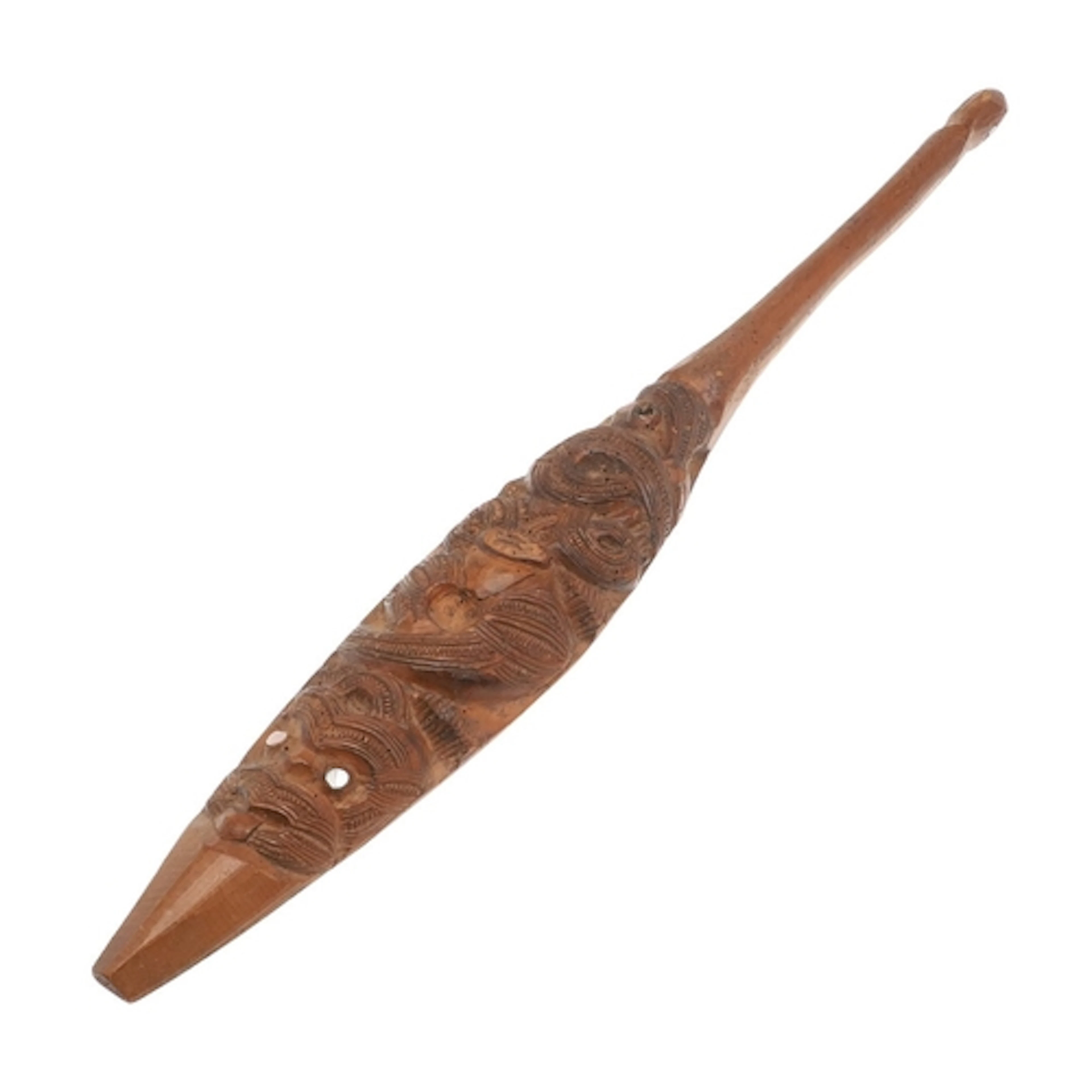 A MAORI BAT PADDLE WITH ABALONE SET EYES. A Maori bat paddle...