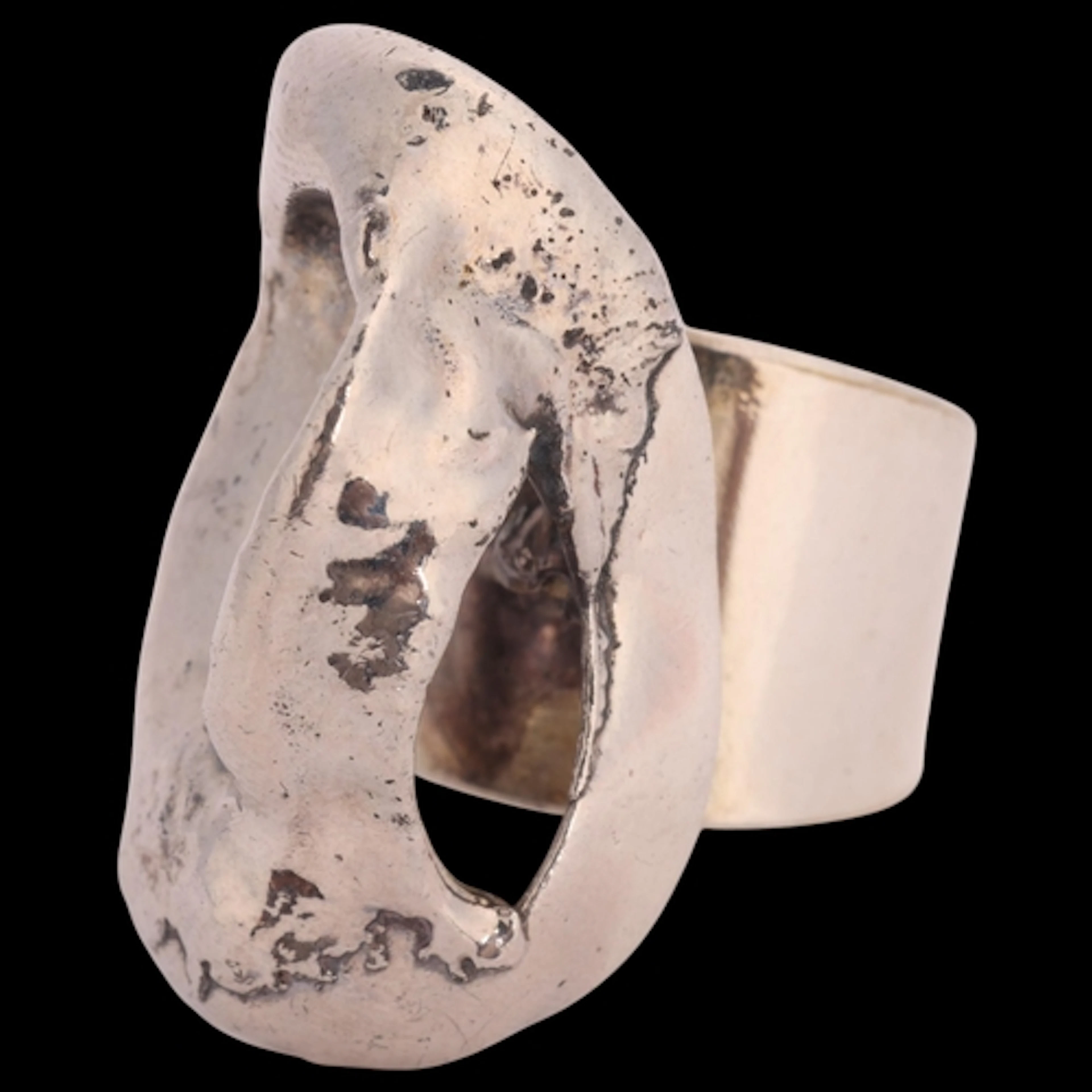 BORKE - a Danish brutalist silver plated abstract ring, text...