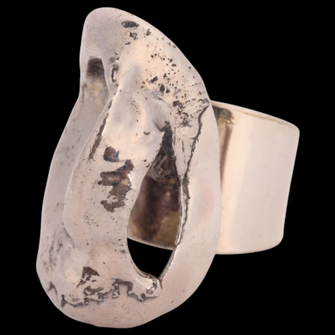 BORKE - a Danish brutalist silver plated abstract ring, text...