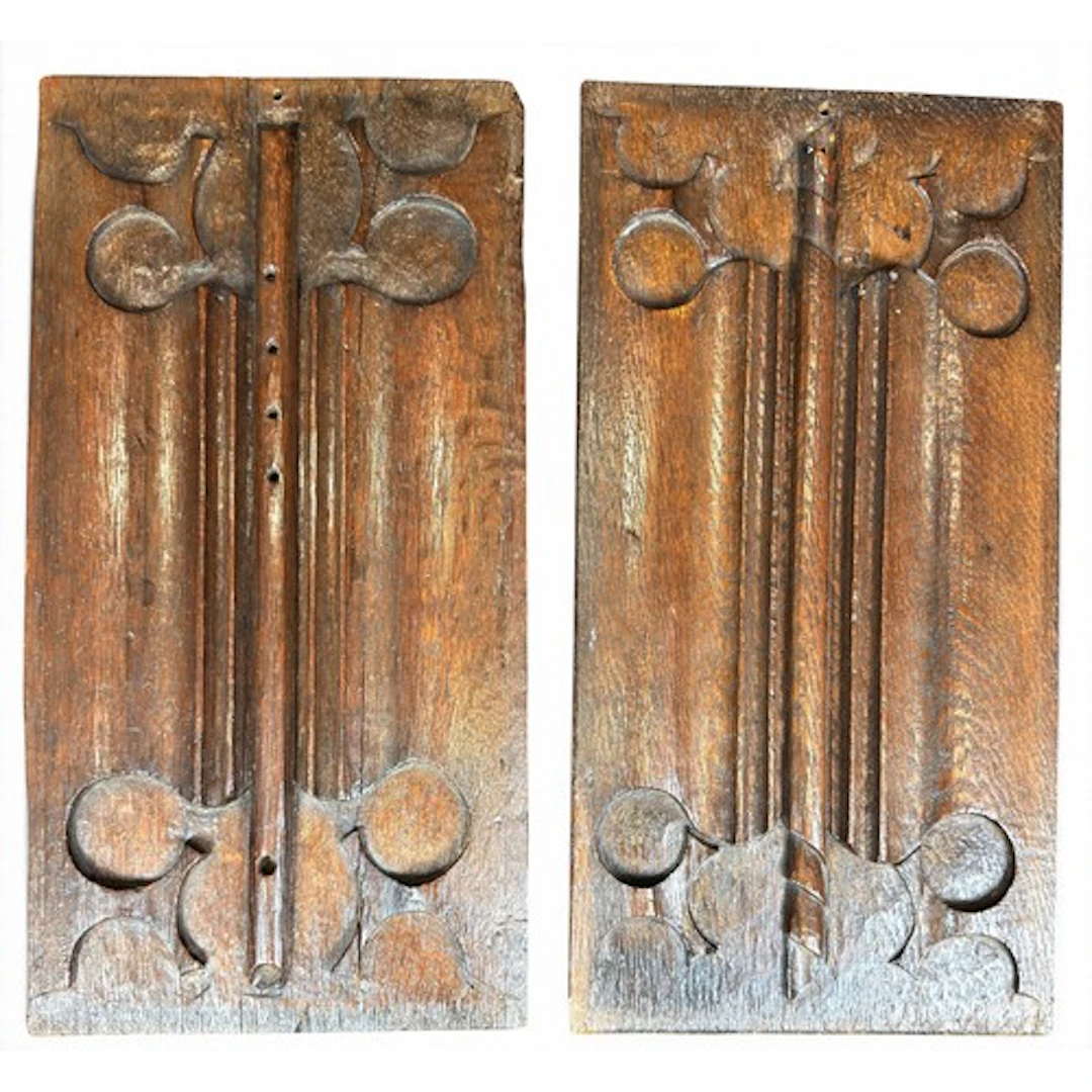 A pair of Early English oak carved linenfold panels, likely ...