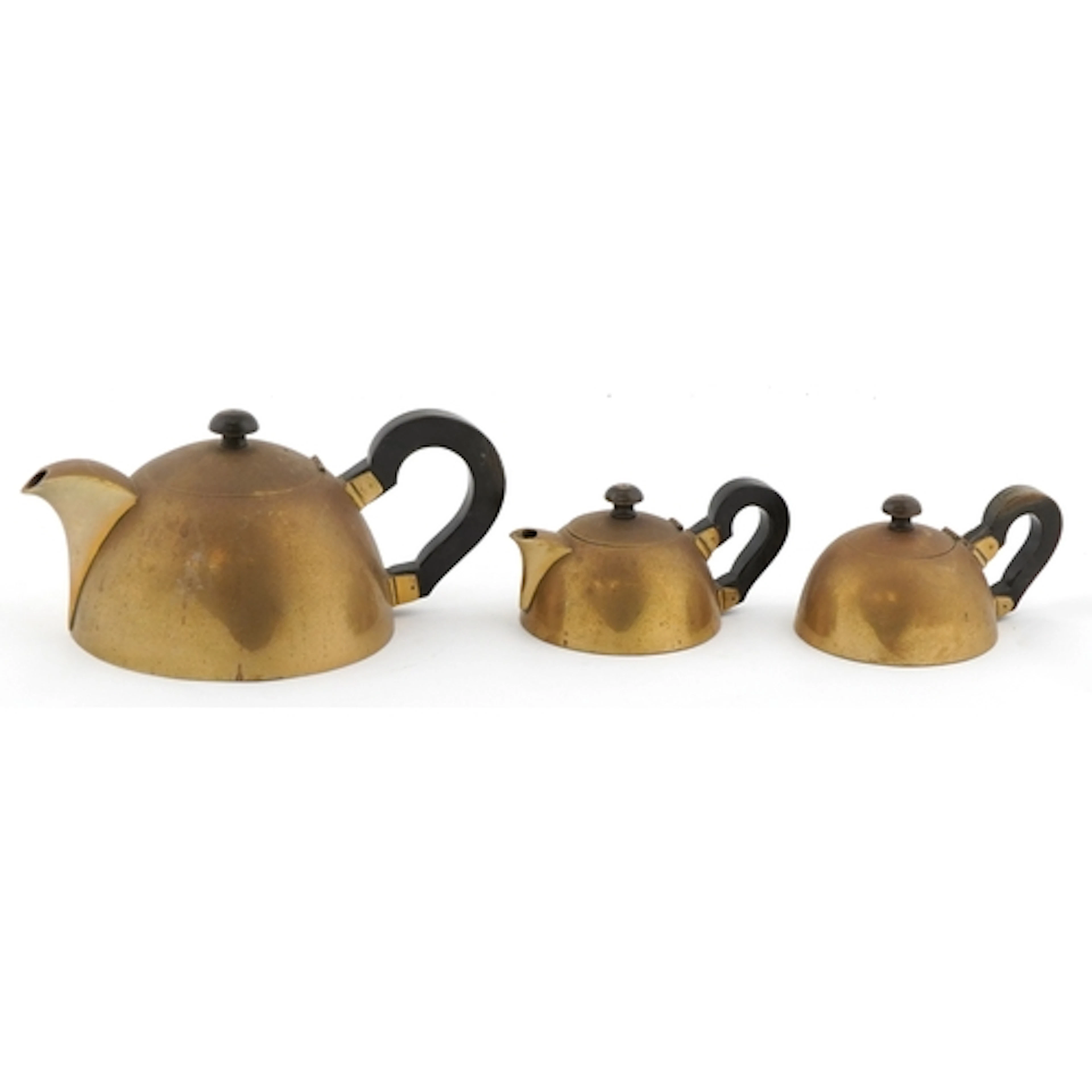 Modernist three piece brass tea set with horn handles, the l...