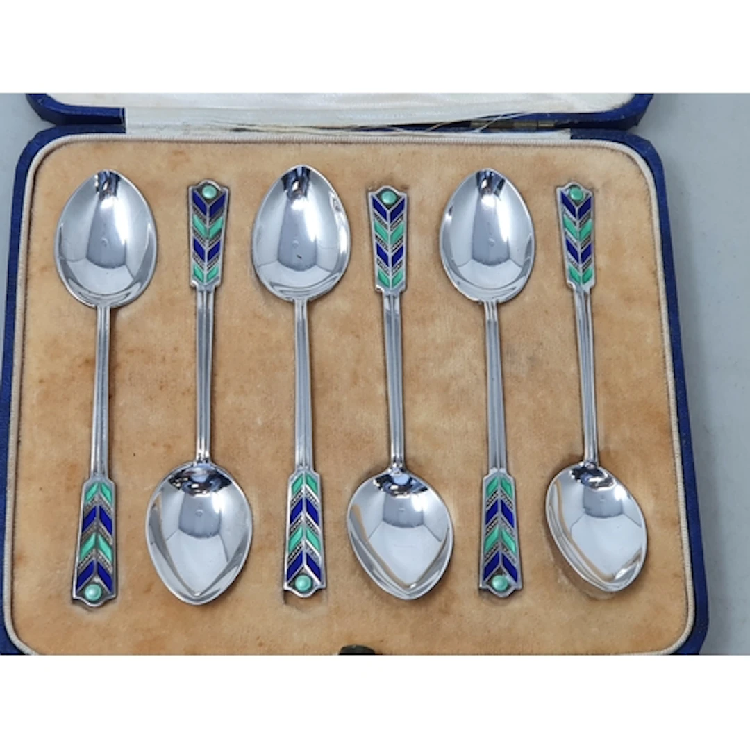 Six George V silver and green and blue enamel Coffee Spoons ...