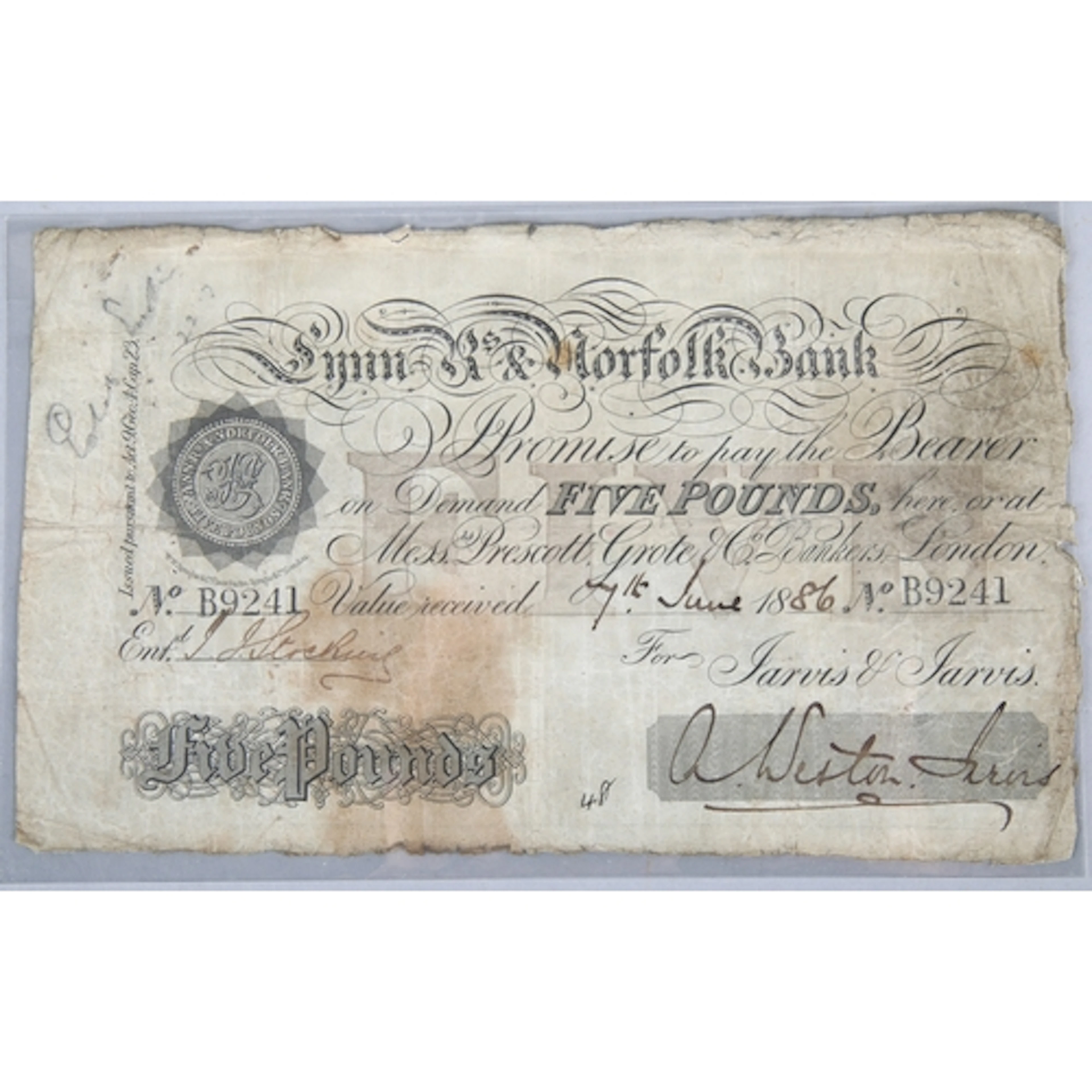 Lynn and Norfolk bank five pound note 1886