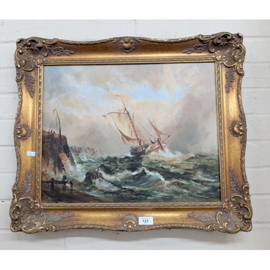 A 20th century oil on canvas of a ship in distress, signed P...