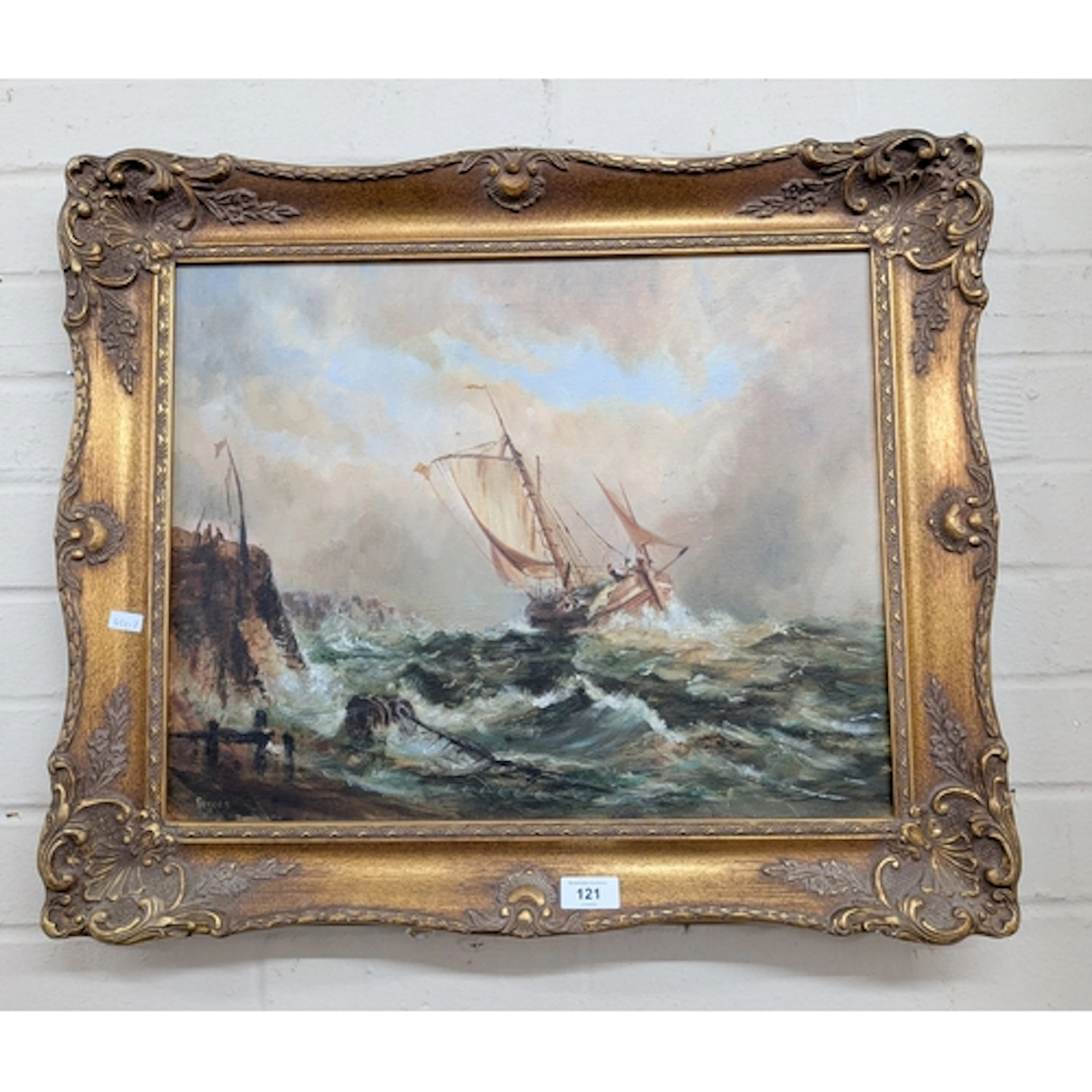 A 20th century oil on canvas of a ship in distress, signed P...