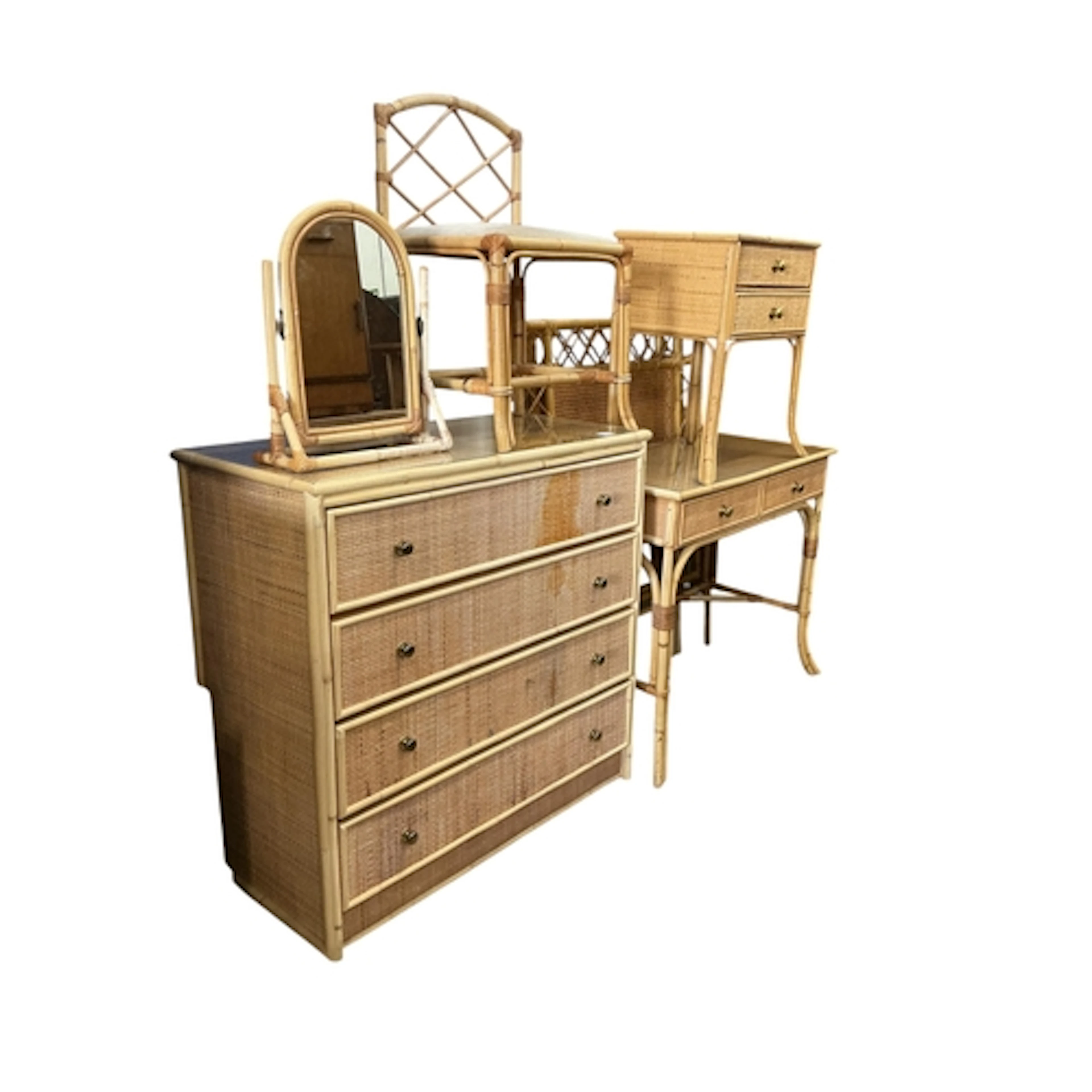 A bamboo and rattan bedroom suite, a chest of drawers, width...