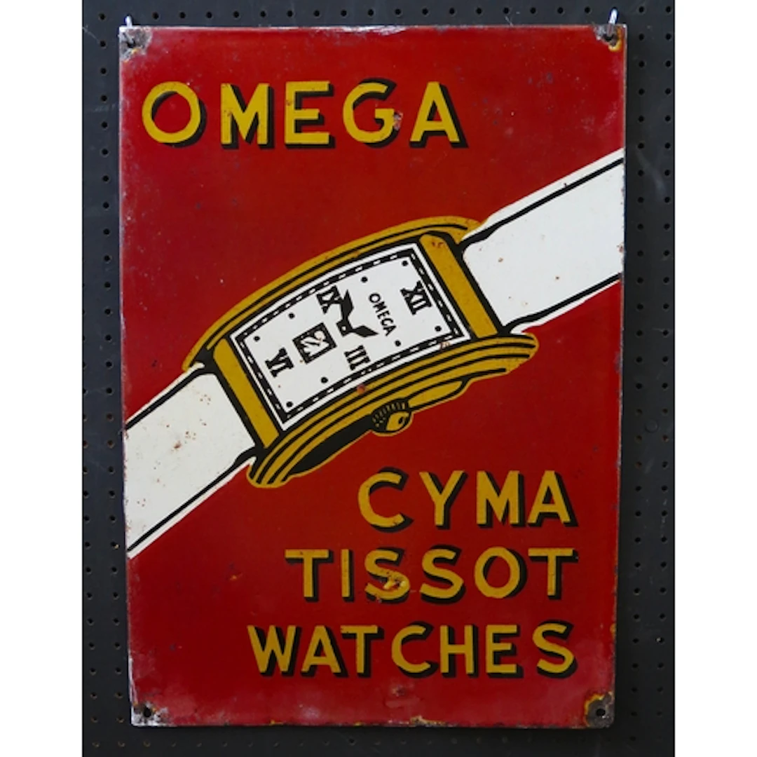 "Omega - Cyma Tissot Watches" - an enamel advertising sign, ...
