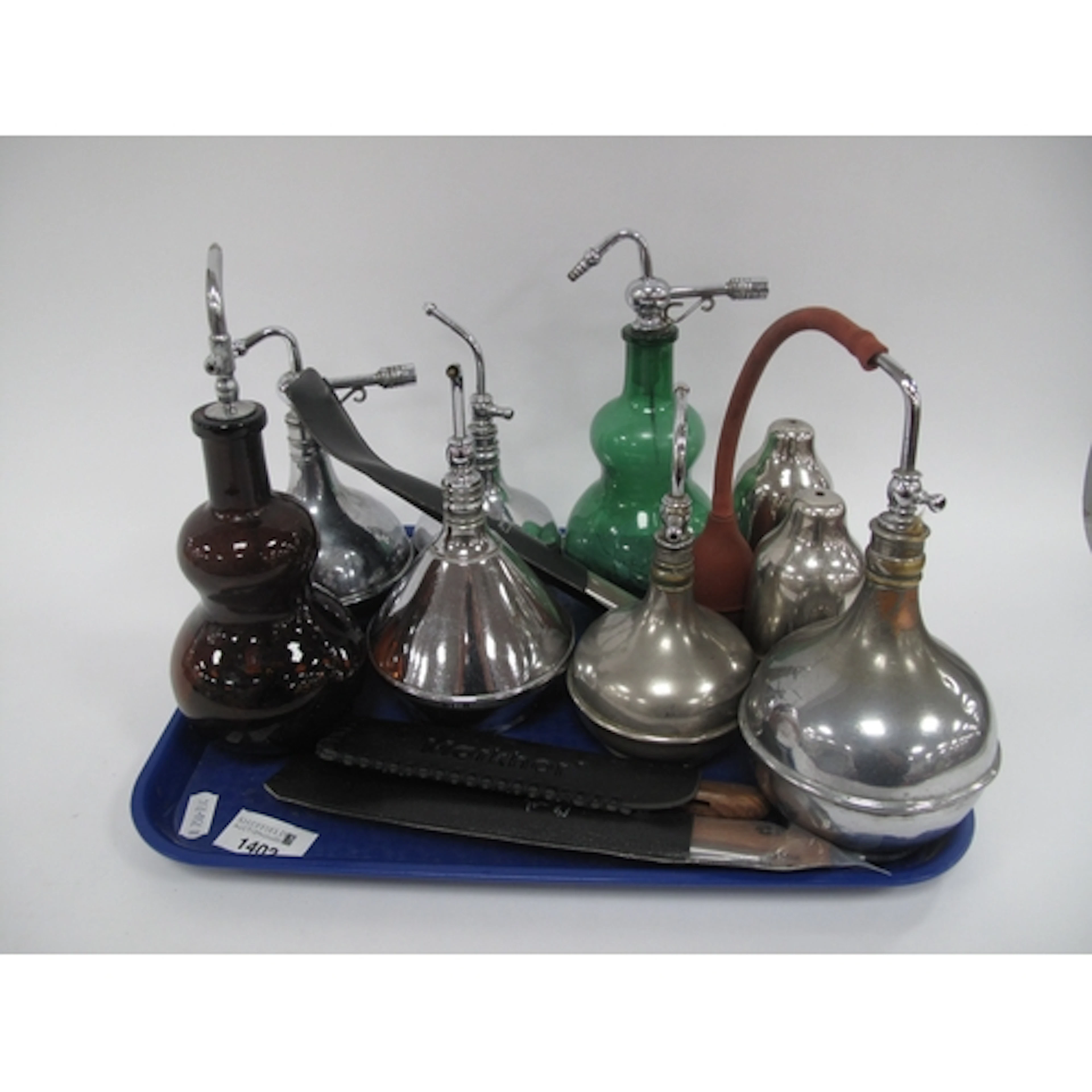 Mid 1900s Barbel's Glass and Chrome Oil Bottles plus three c...