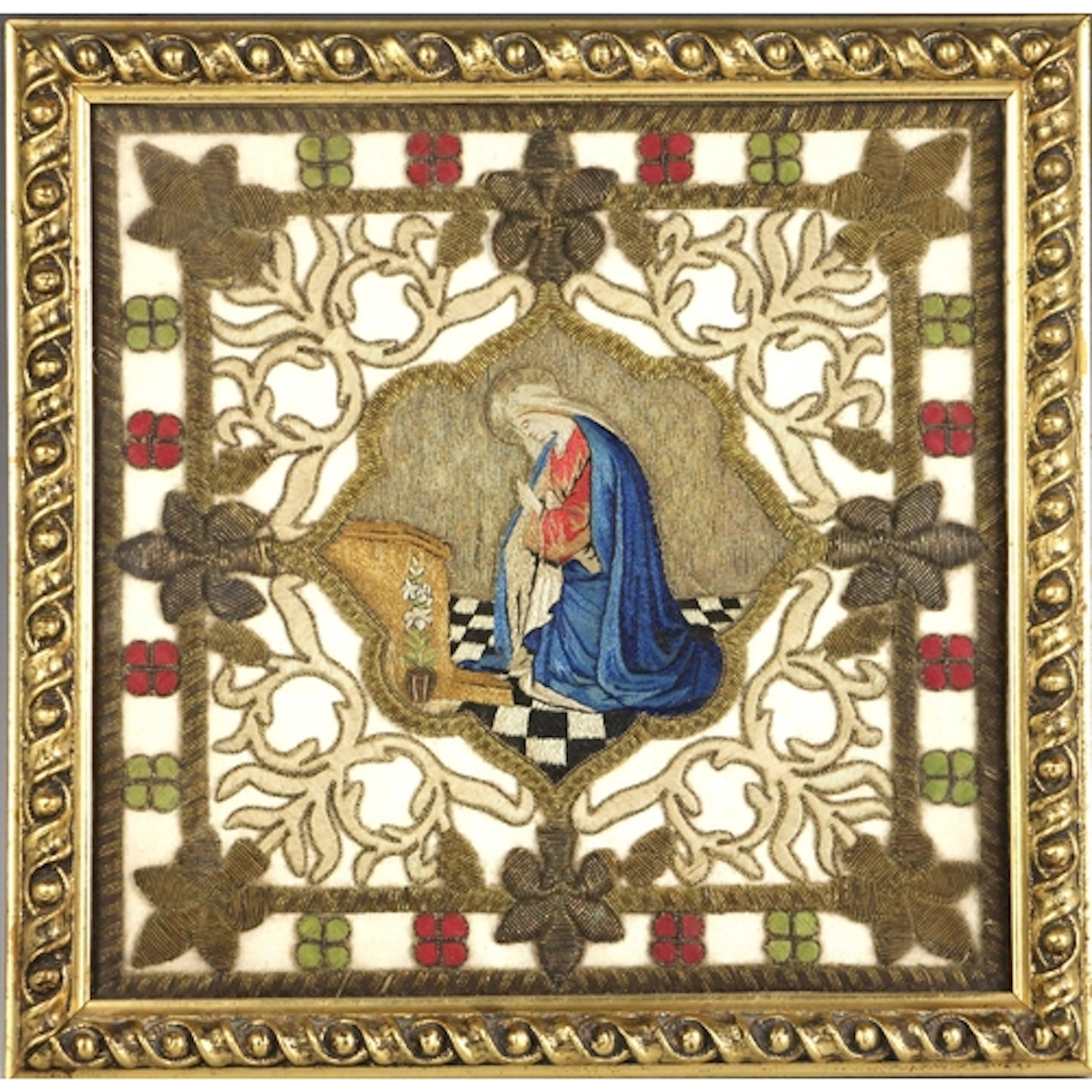 An ecclesiastical stumpwork panel, 19th century, depicting t...