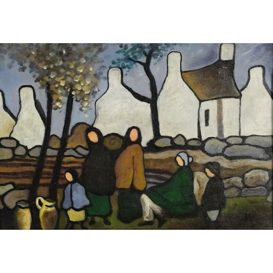 Manner of Markey Robinson - Figures before cottages, Irish s...