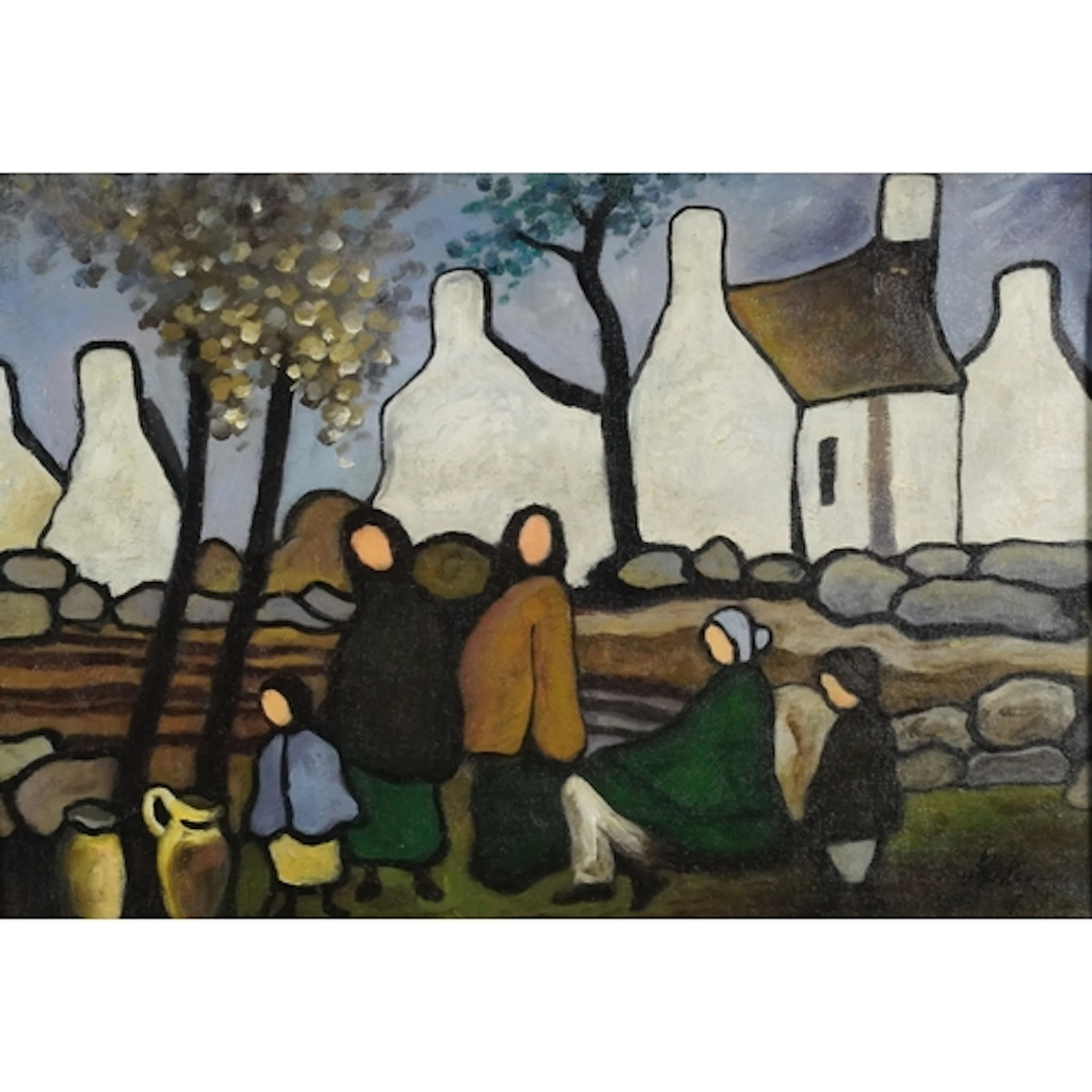 Manner of Markey Robinson - Figures before cottages, Irish s...