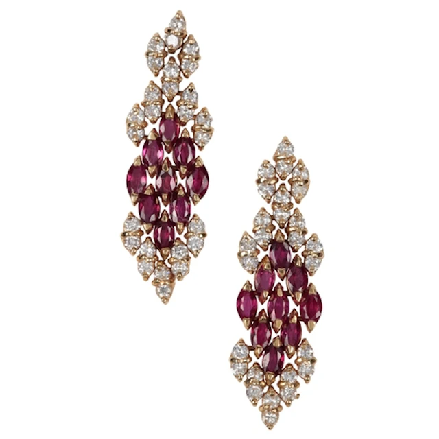 A pair of gold, ruby and diamond earrings, each designed as ...