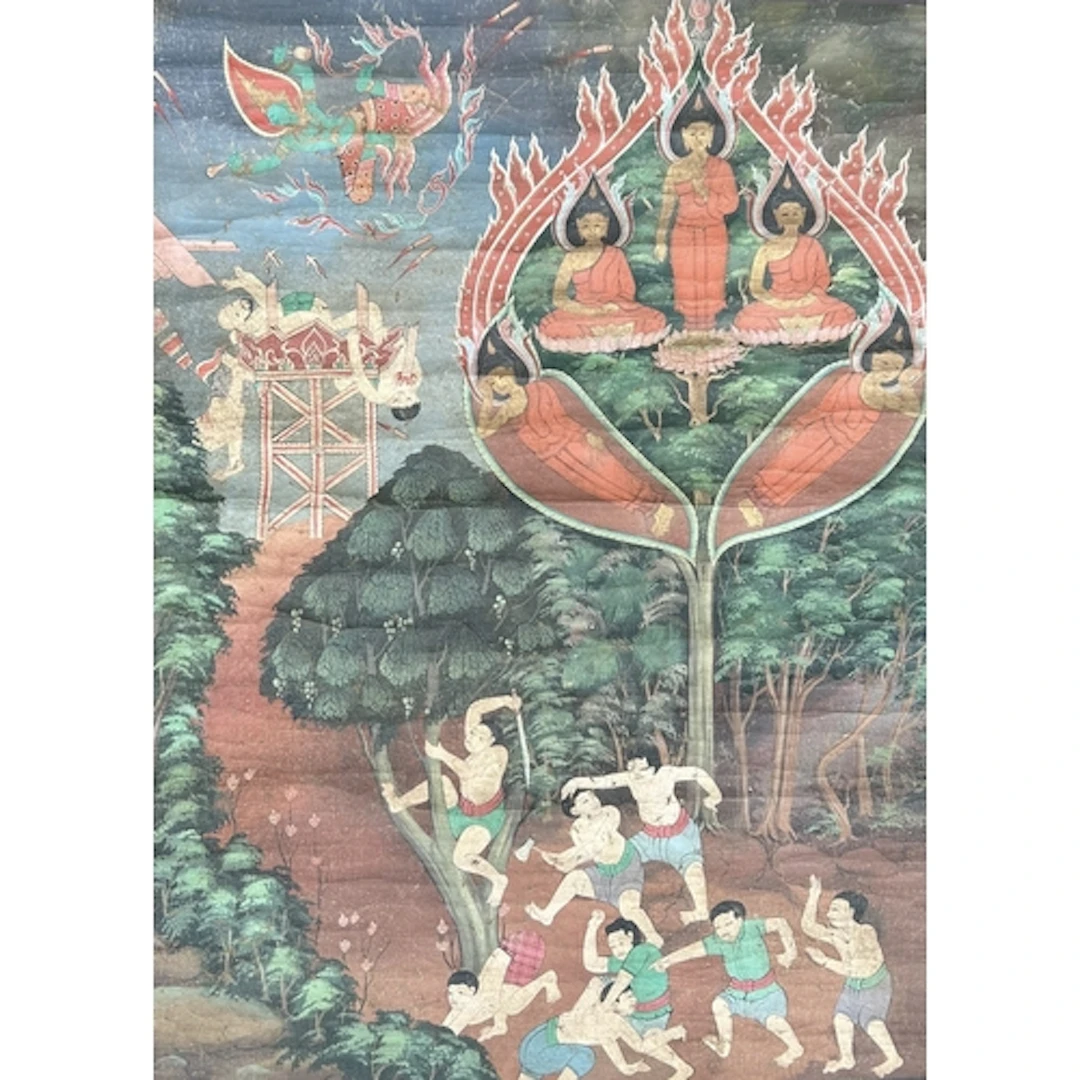 A THAI PAINTING OF A BUDDHIST RELIGIOUS SCENE, PROBABLY 19TH...