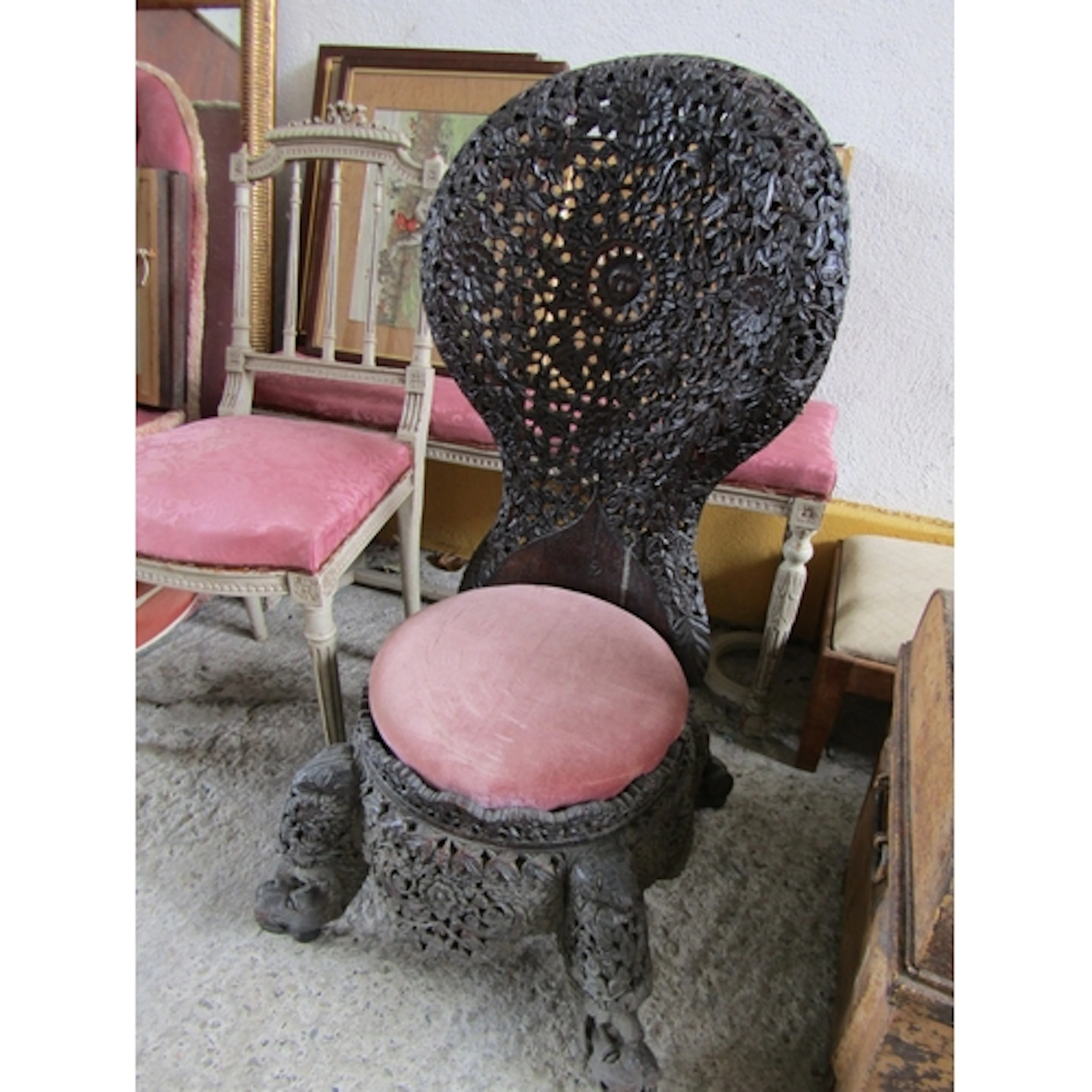 Antique Burmese Hardwood Occasional Chair Upholstered Seat A...