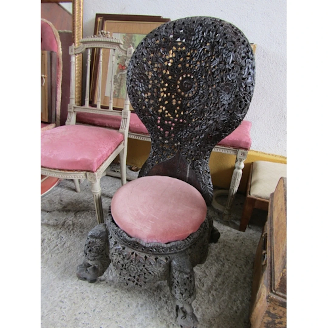 Antique Burmese Hardwood Occasional Chair Upholstered Seat A...
