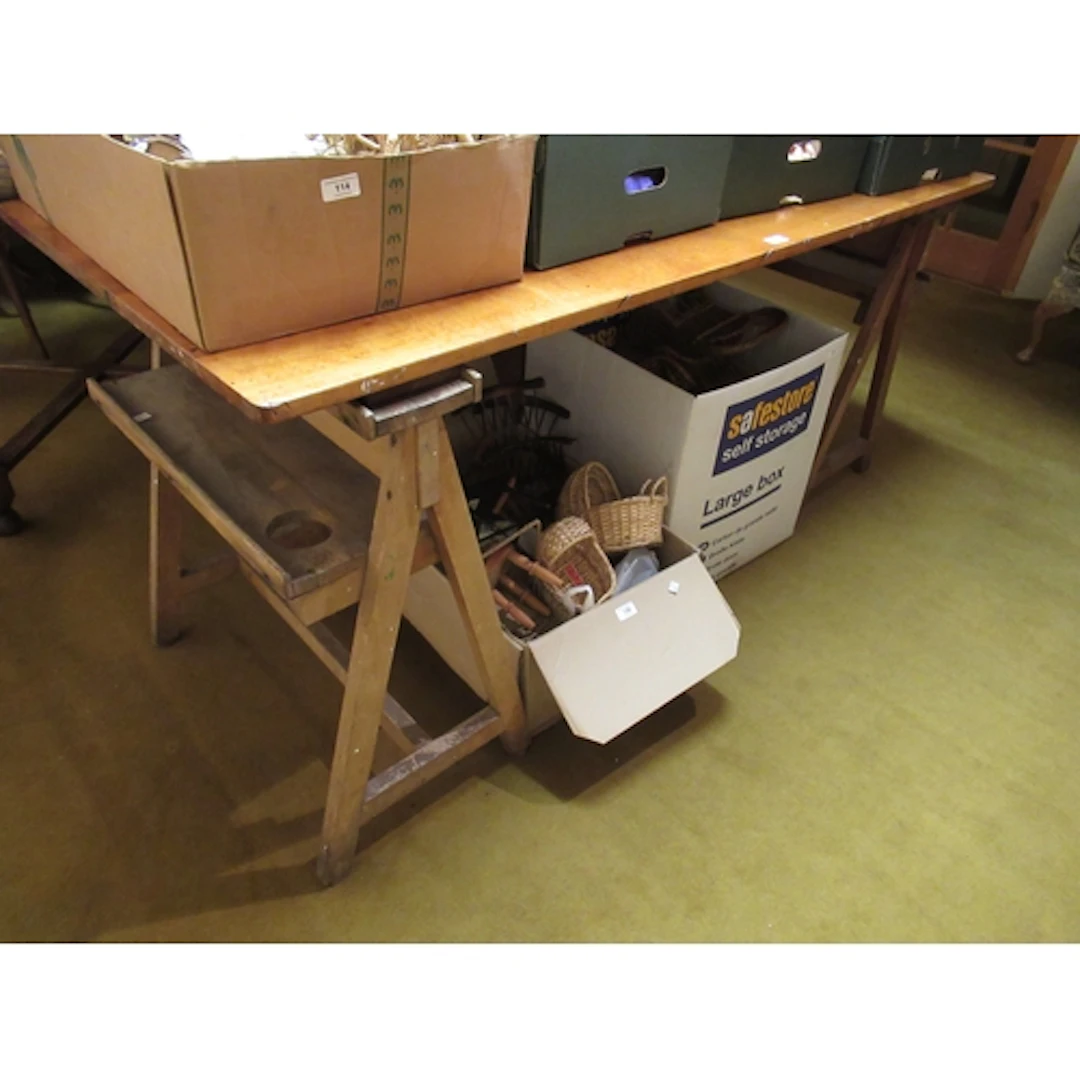 Artist's rectangular beechwood studio table, 168 x 76 x 76cm...