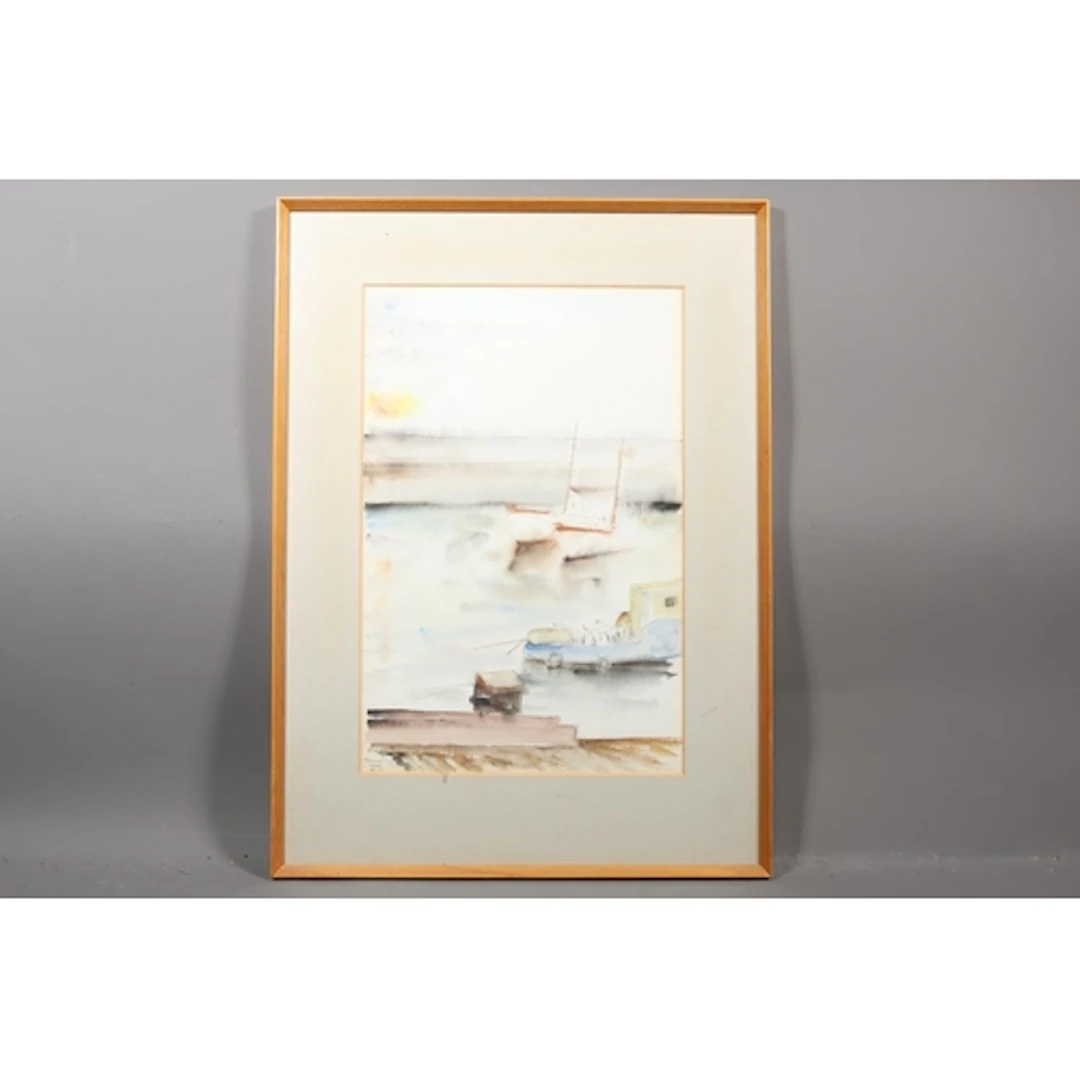 20TH CENTURY SCHOOL, Newhaven Harbour, charcoal and watercol...