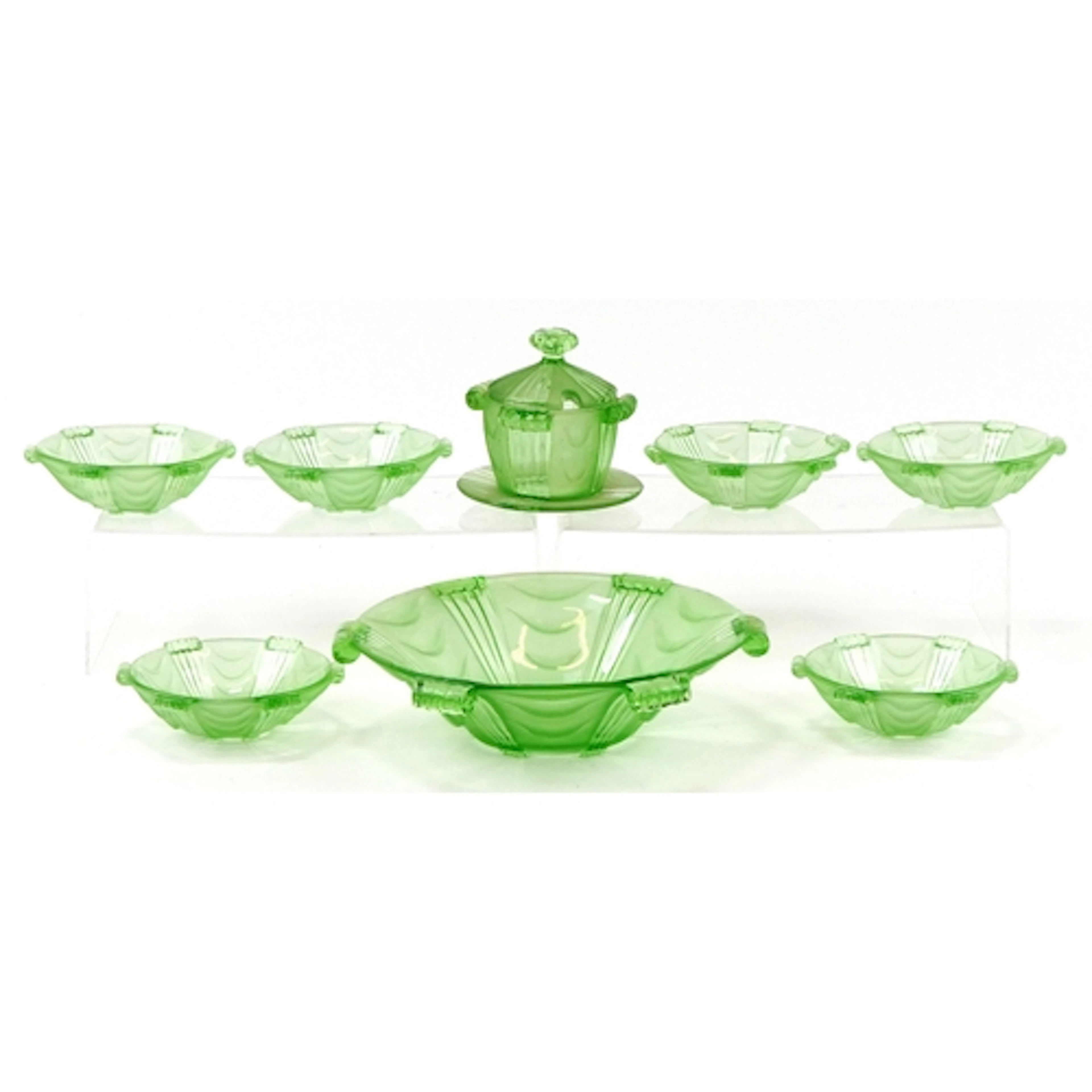 Art Deco green glass fruit bowl with six side bowls and pres...