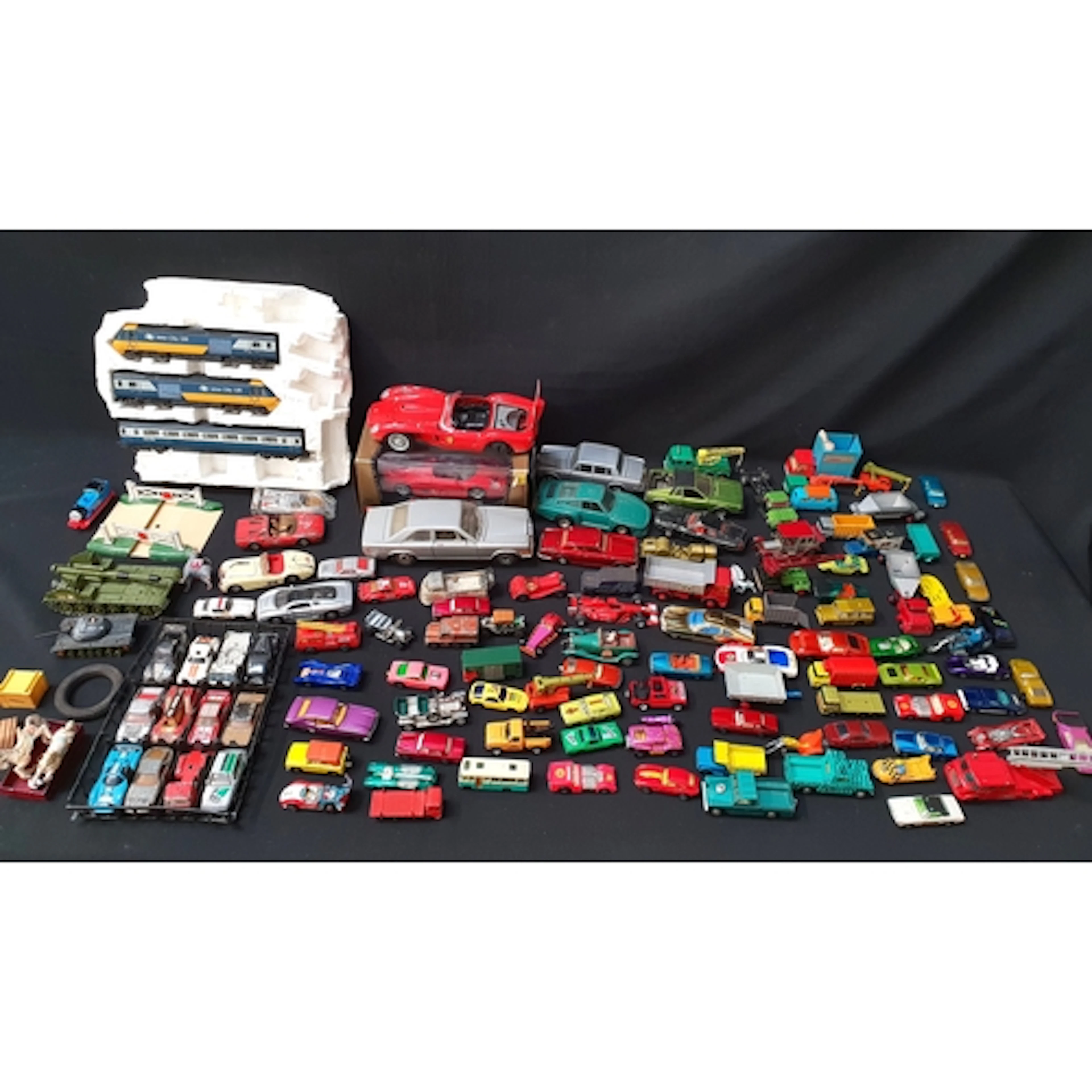 QUANTITY OF VINTAGE TOY CARS, BUSES, TRUCKS, AND OTHER VEHIC...