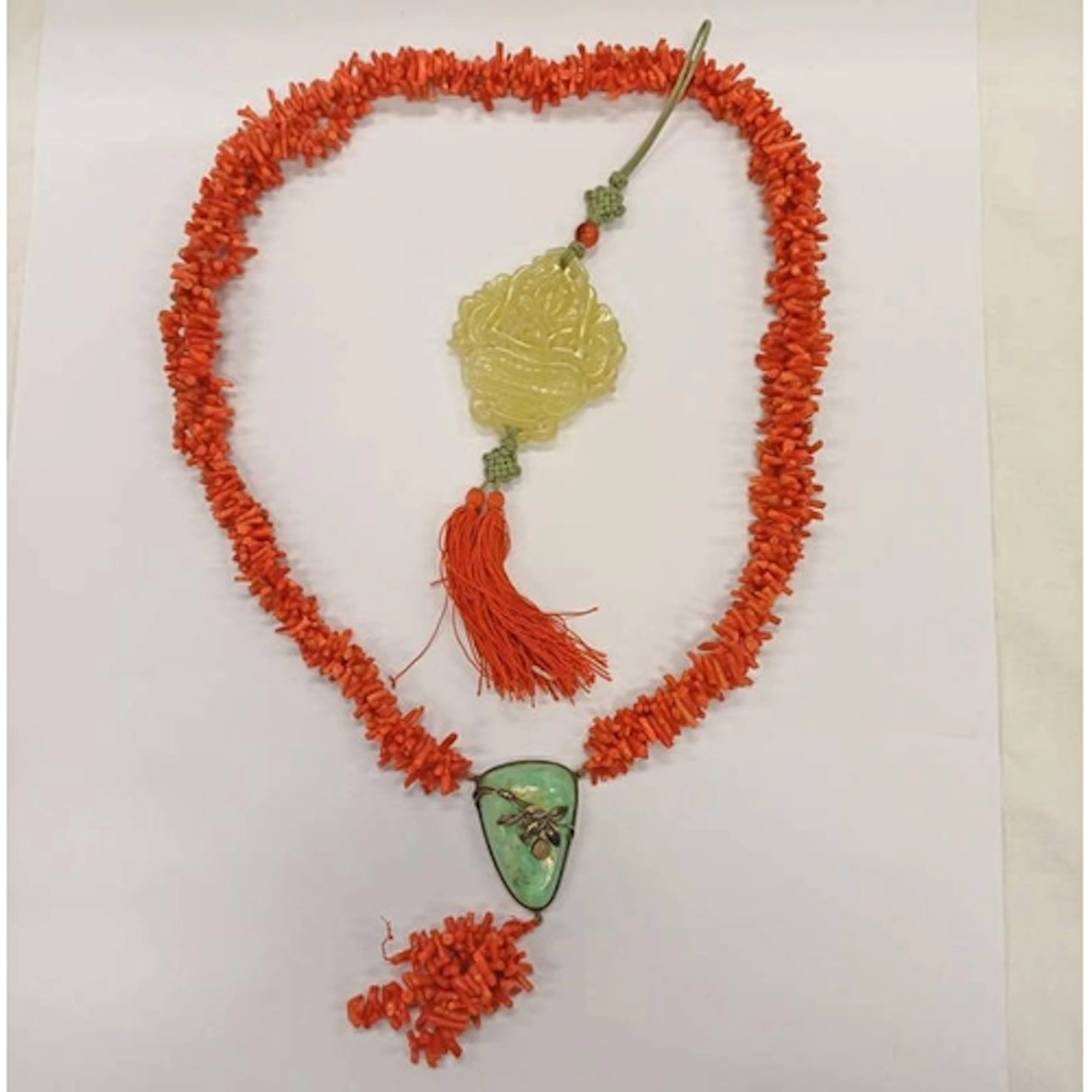 ARTS & CRAFTS STYLE CORAL & AMAZONITE PENDANT NECKLACE - 245...