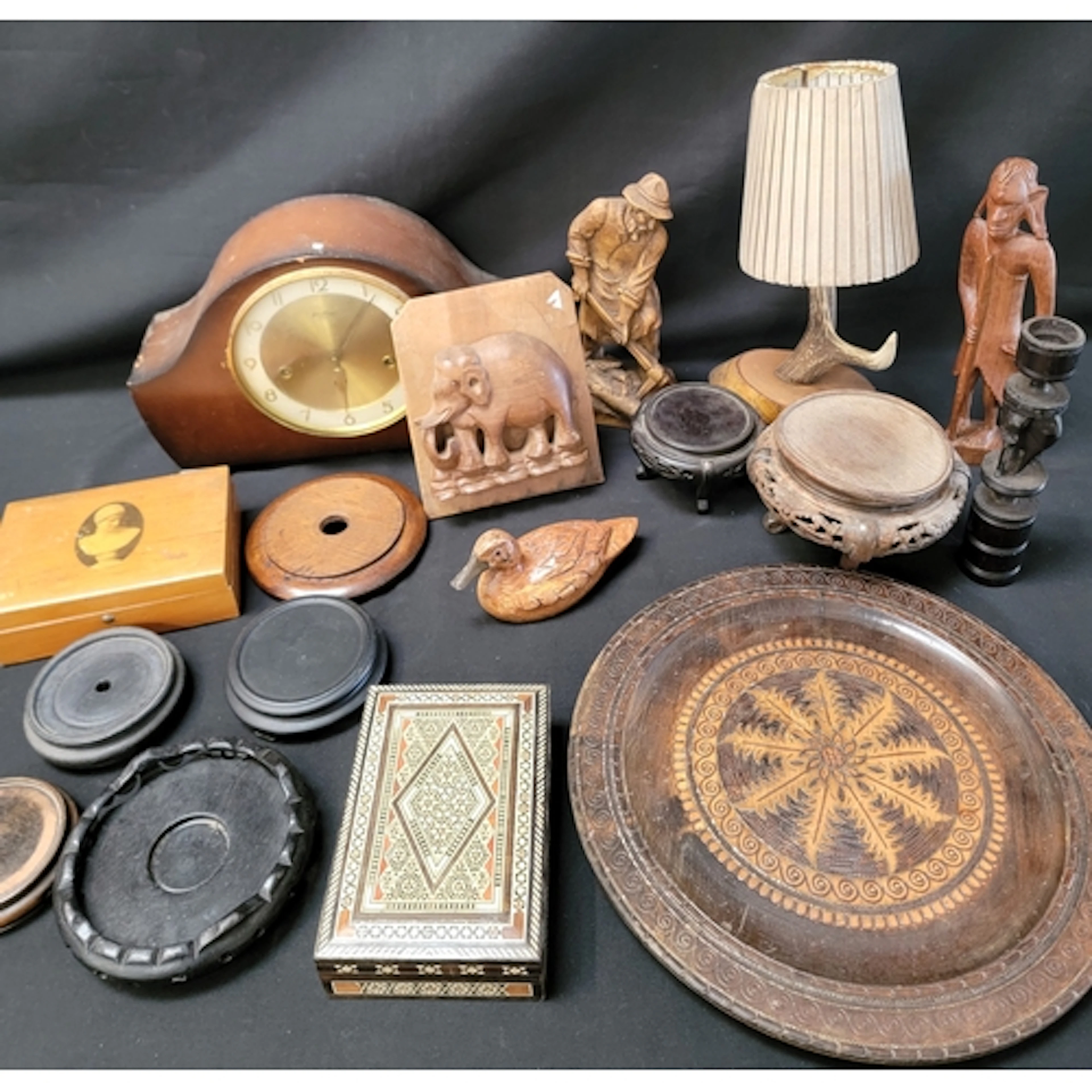 SELECTION OF CARVED AND DOCRATIVE WOODEN ITEMS including a b...